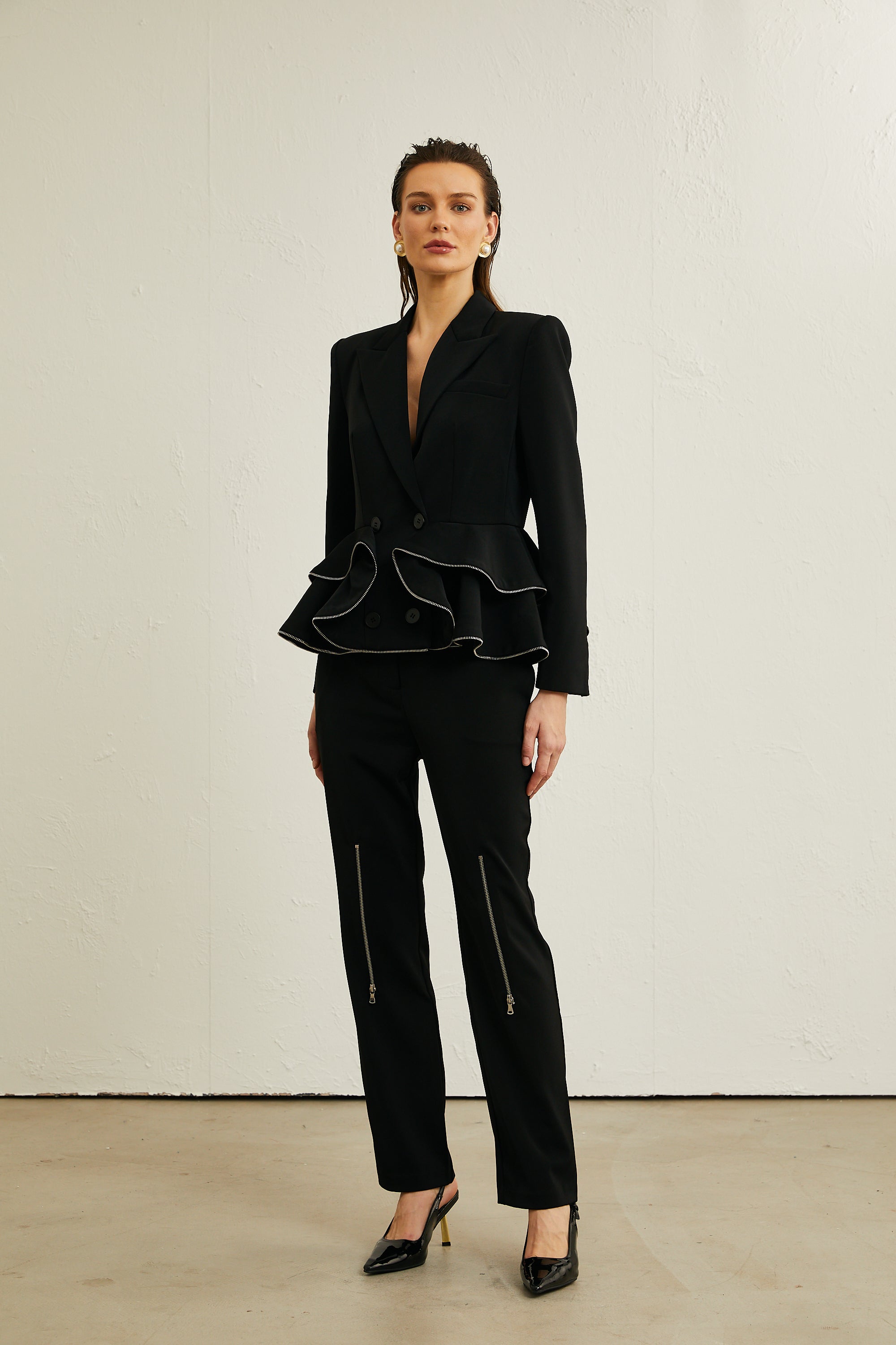 Élise black zip-detail jacket & trousers matching set