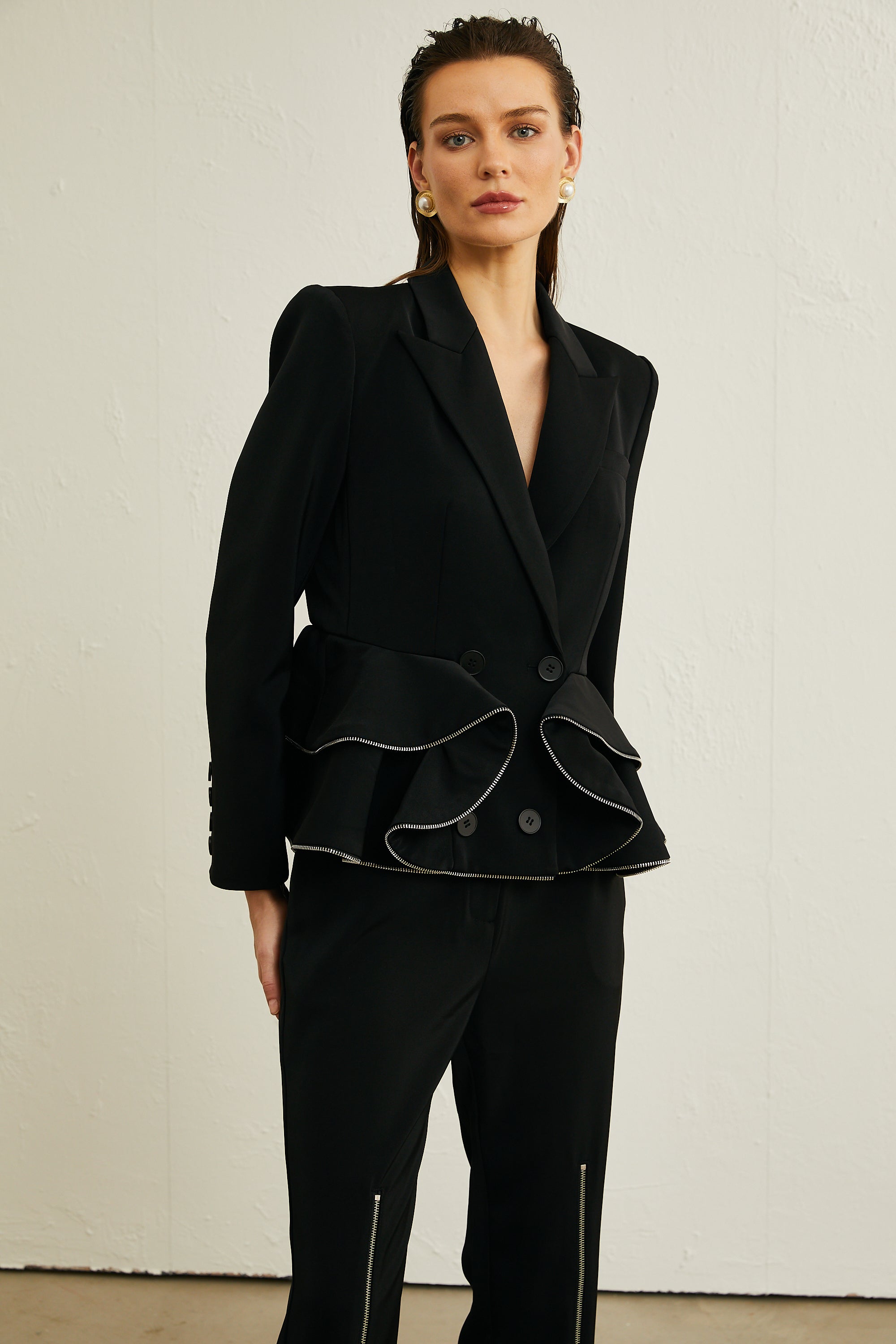 Élise black zip-detail jacket & trousers matching set