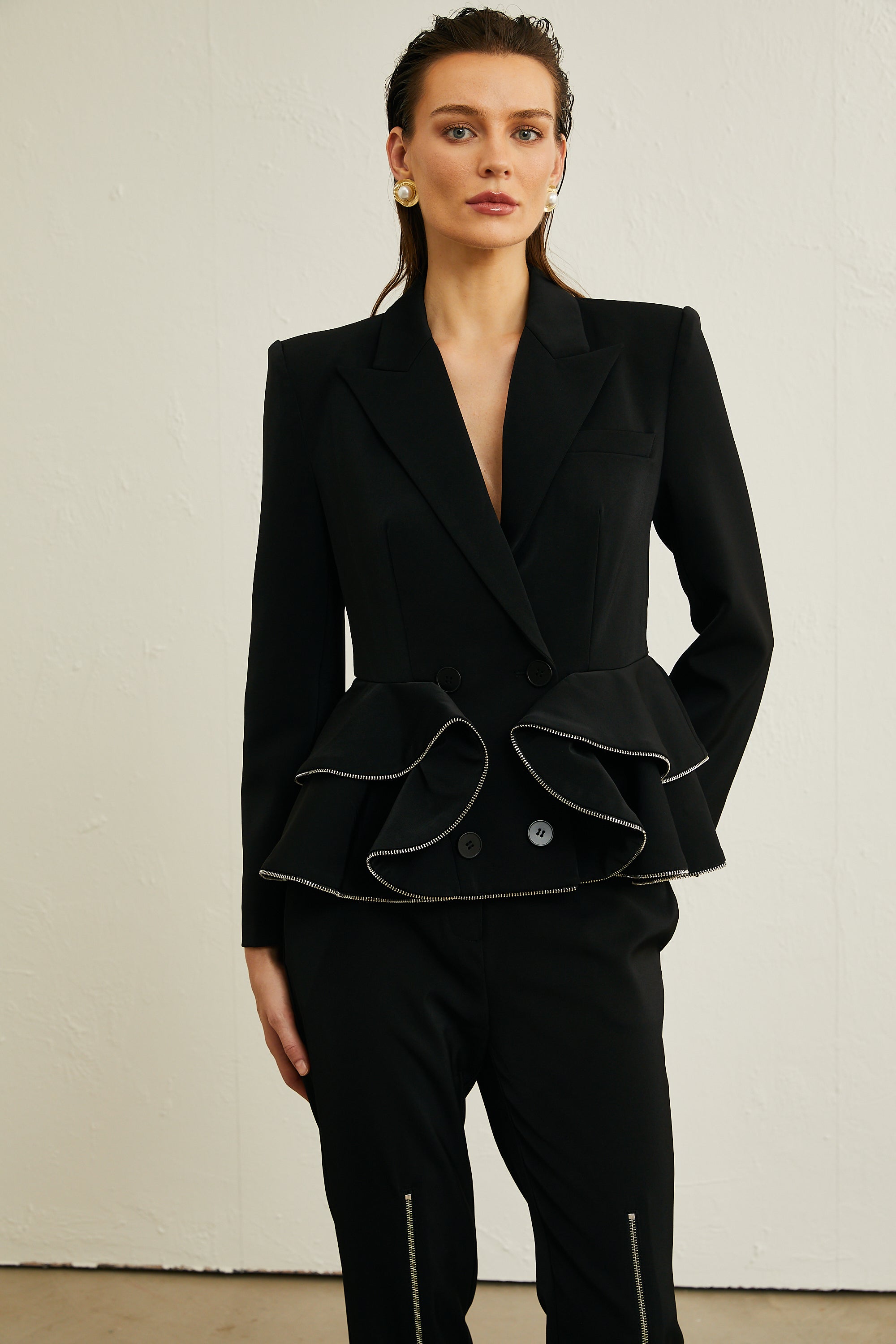 Élise black zip-detail jacket & trousers matching set