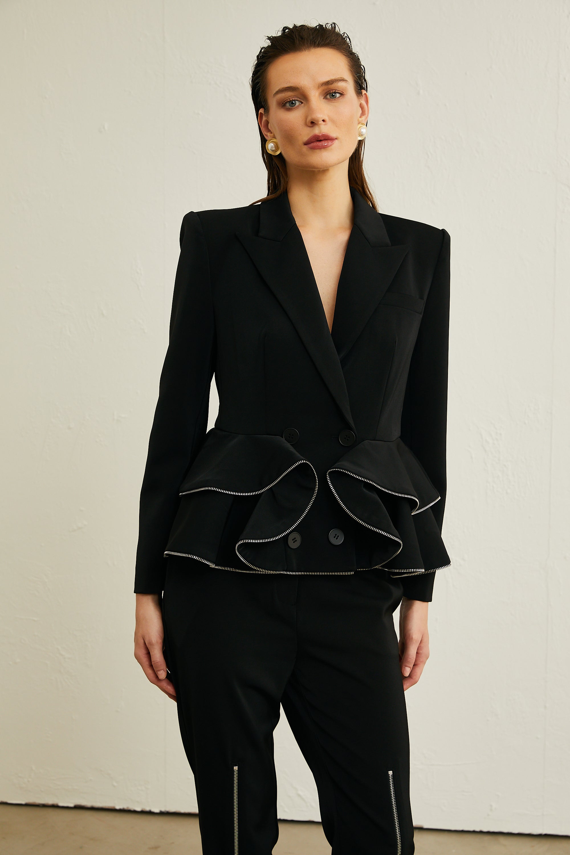 Élise black zip-detail jacket & trousers matching set