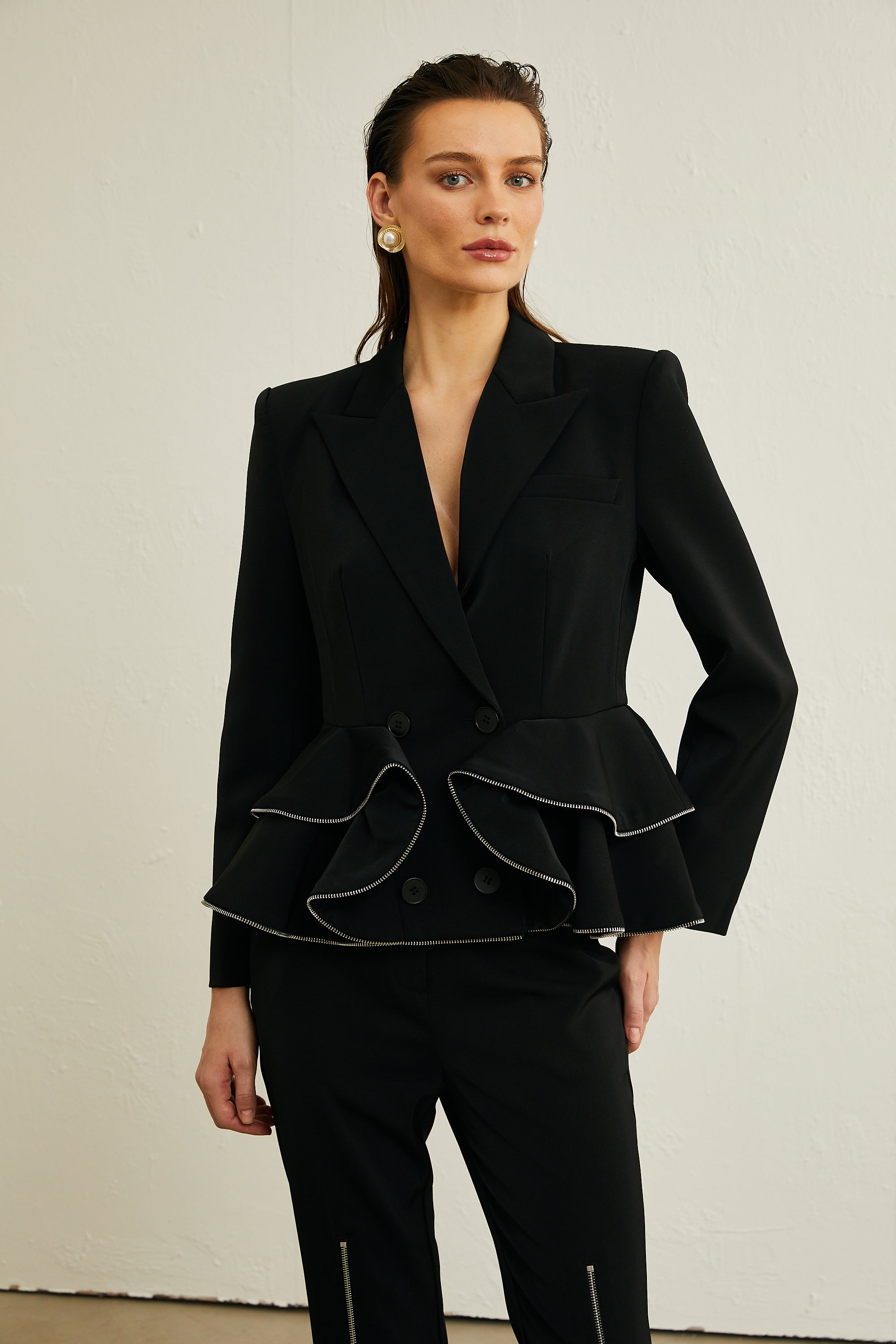 Élise black zip-detail jacket & trousers matching set