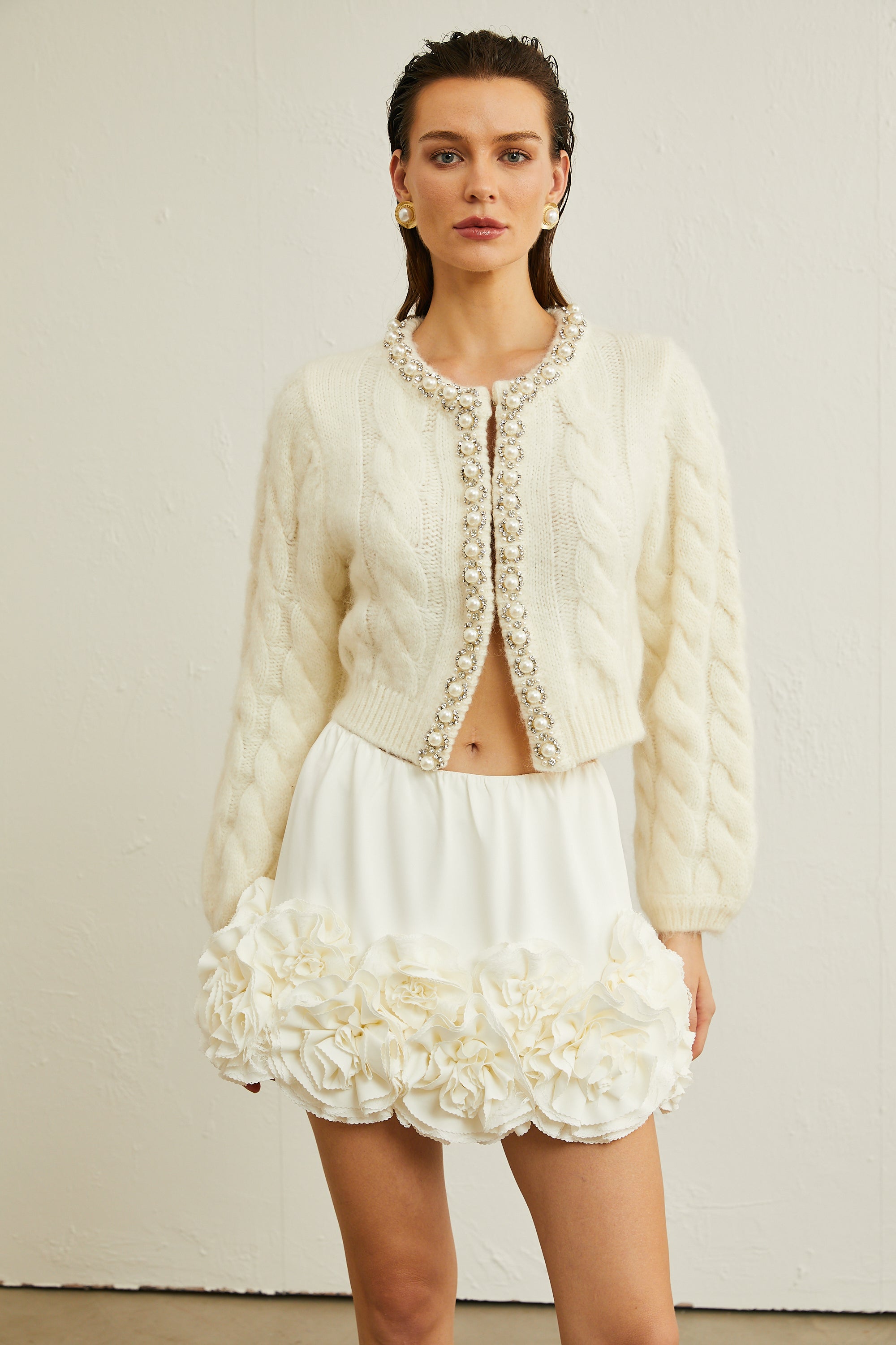 Inès faux-pearl embellished knitted jacket