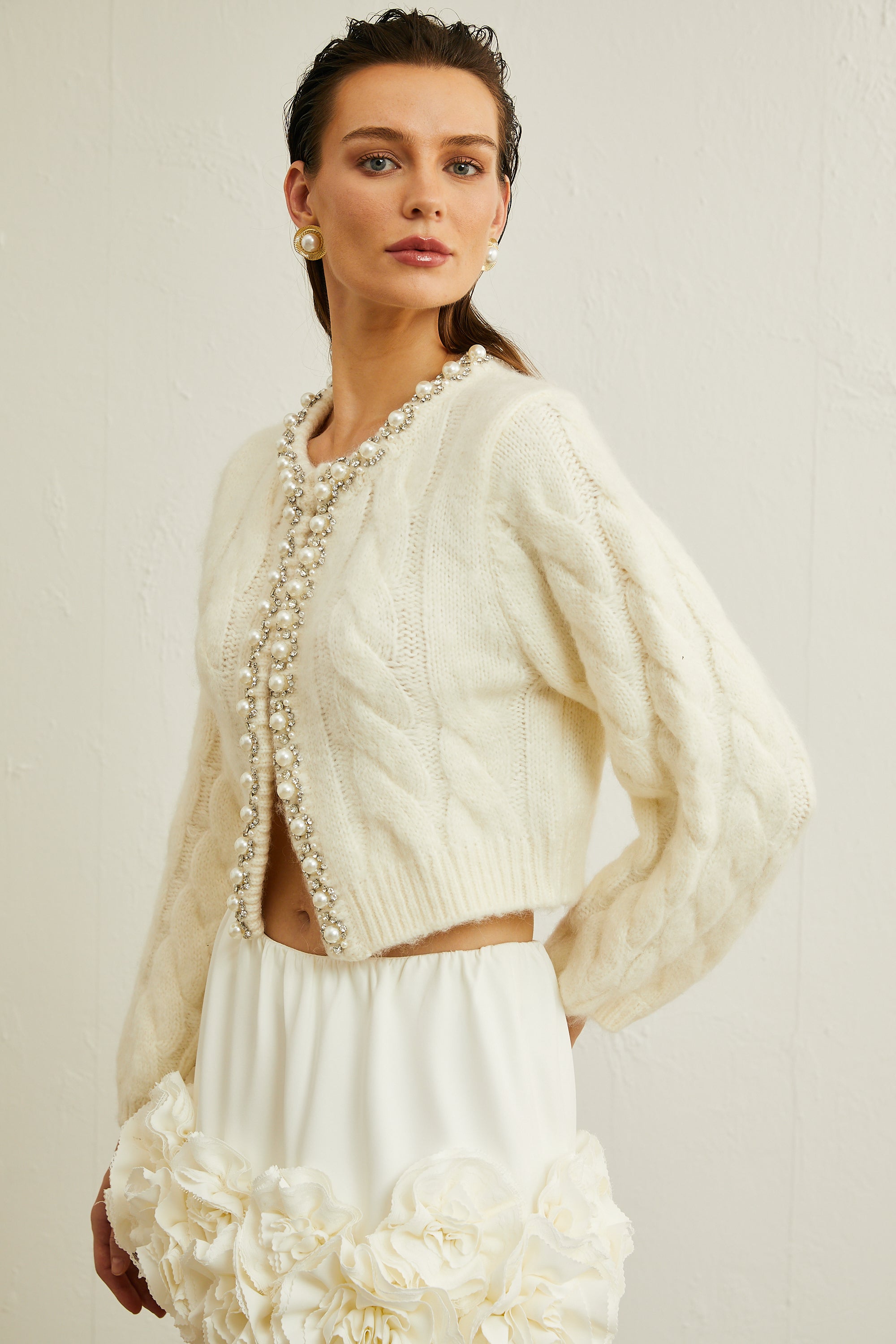 Inès faux-pearl embellished knitted jacket