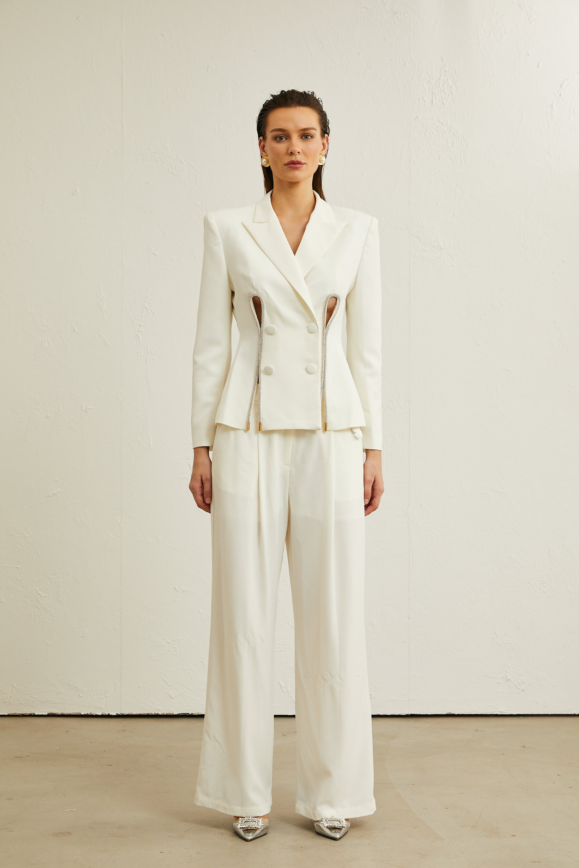 Raphaëlle white embellished jacket & trousers matching set