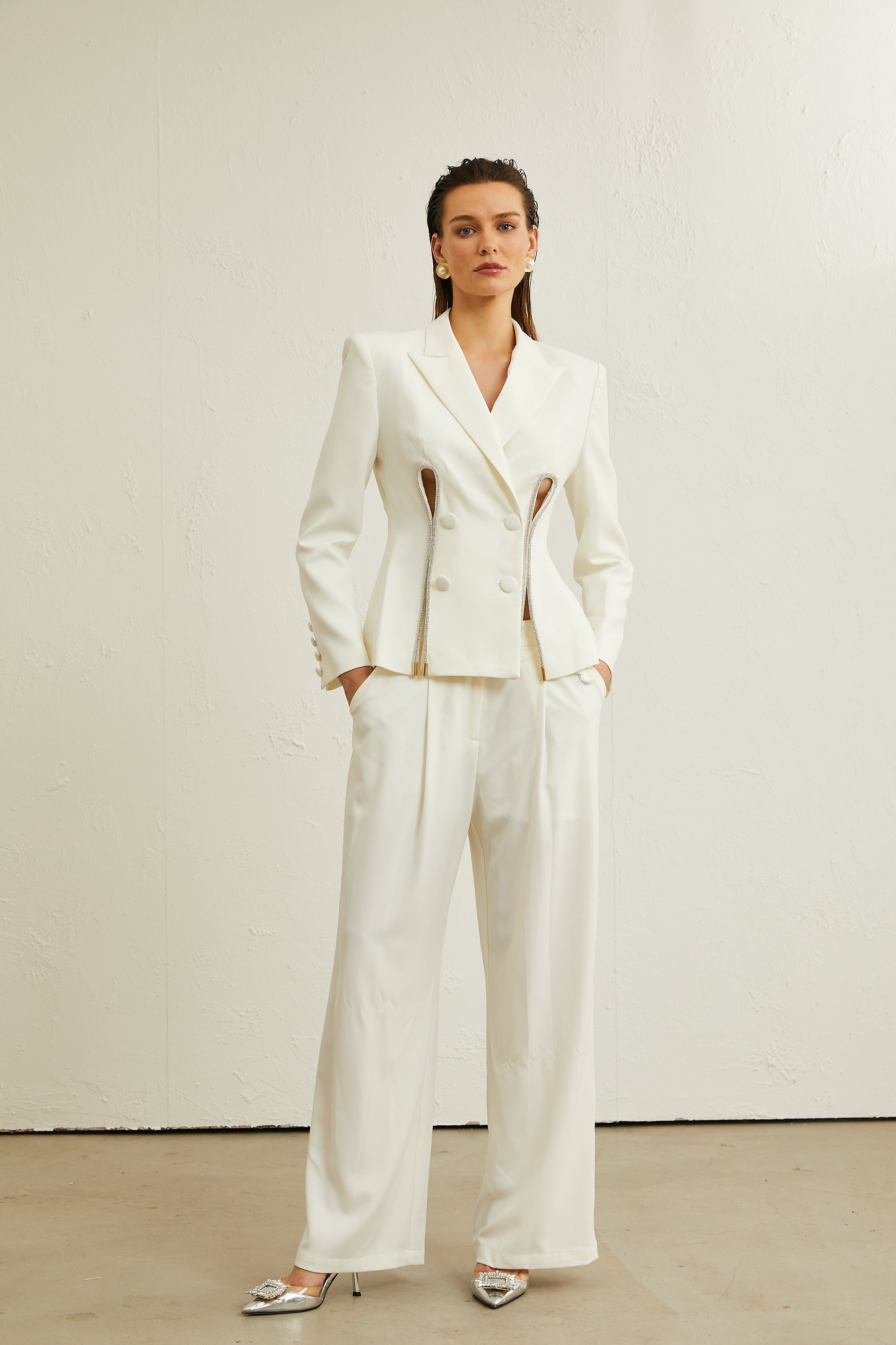 Raphaëlle white embellished jacket & trousers matching set