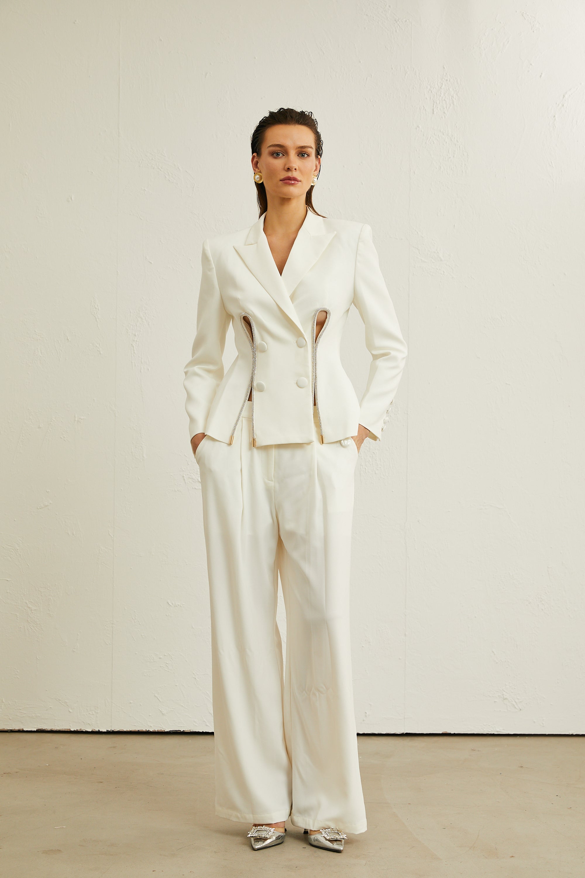 Raphaëlle white embellished jacket & trousers matching set