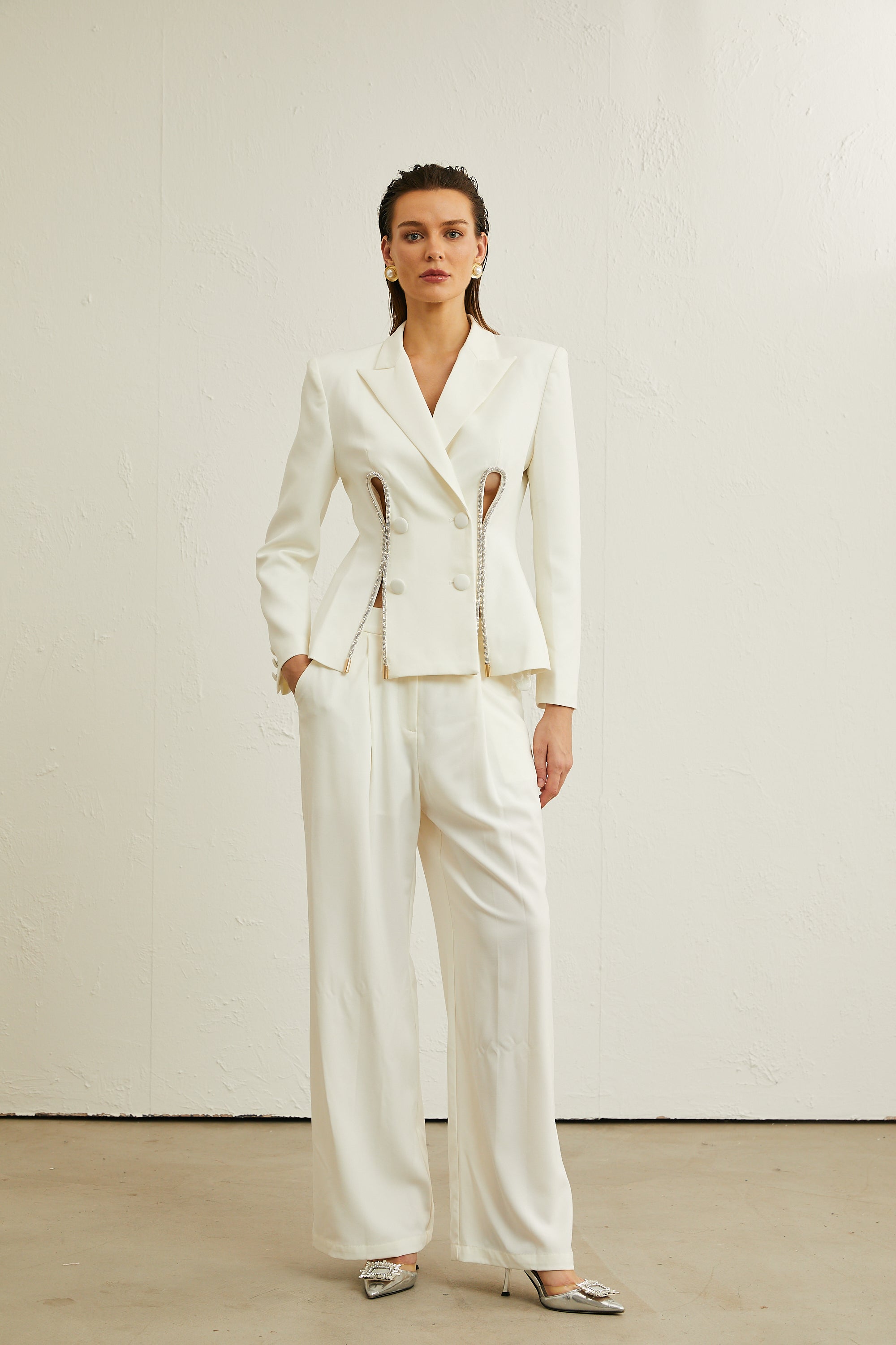 Raphaëlle white embellished jacket & trousers matching set