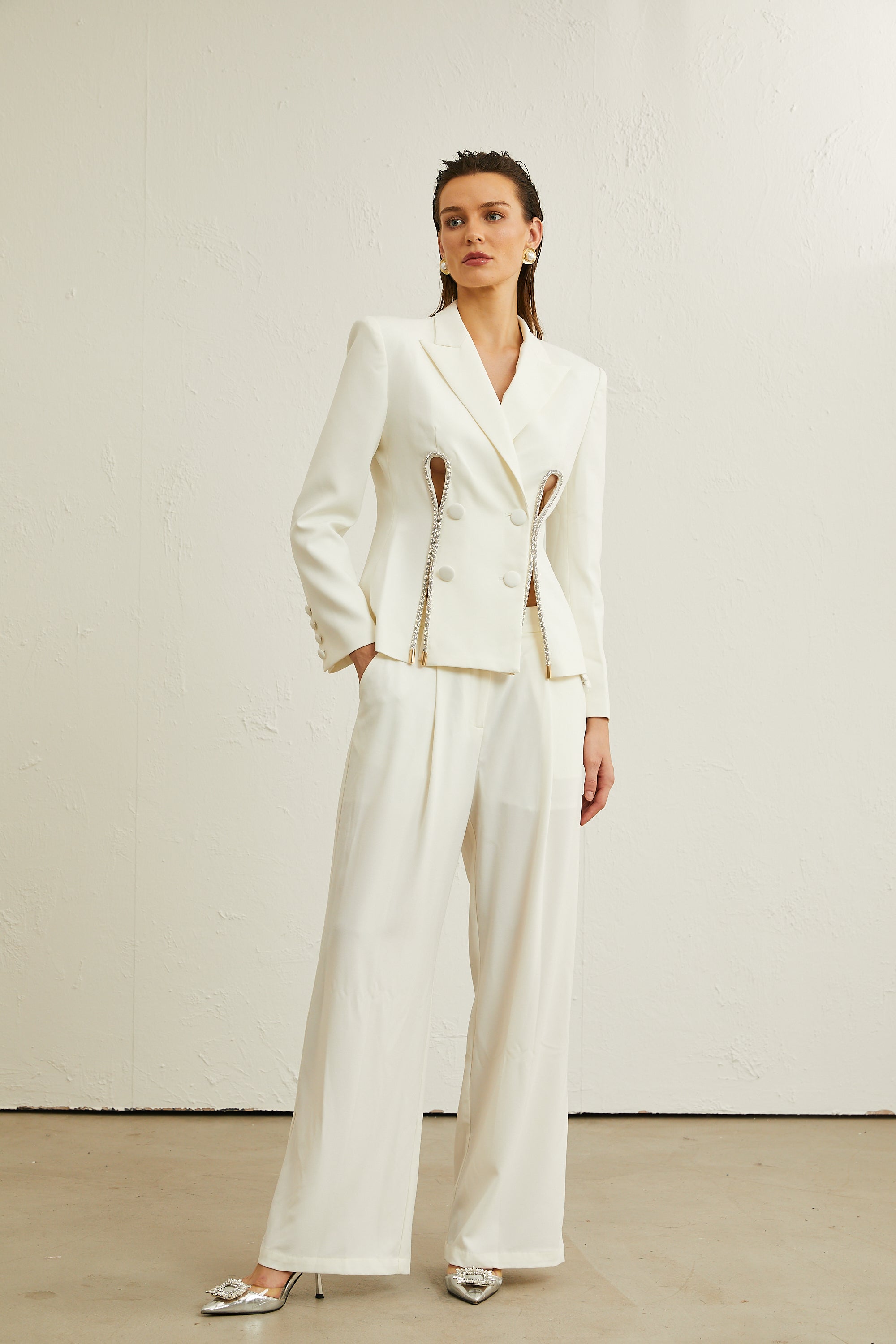 Raphaëlle white embellished jacket & trousers matching set