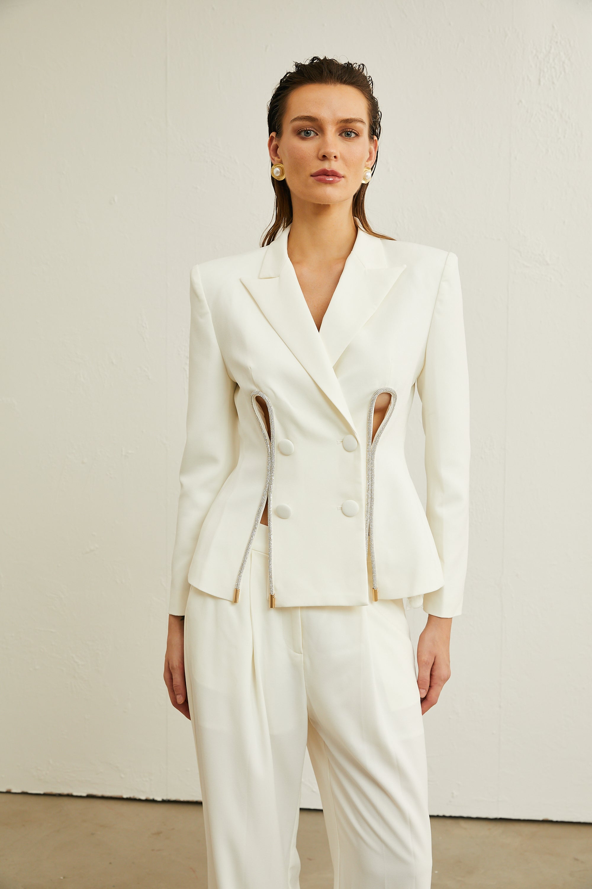 Raphaëlle white embellished jacket & trousers matching set