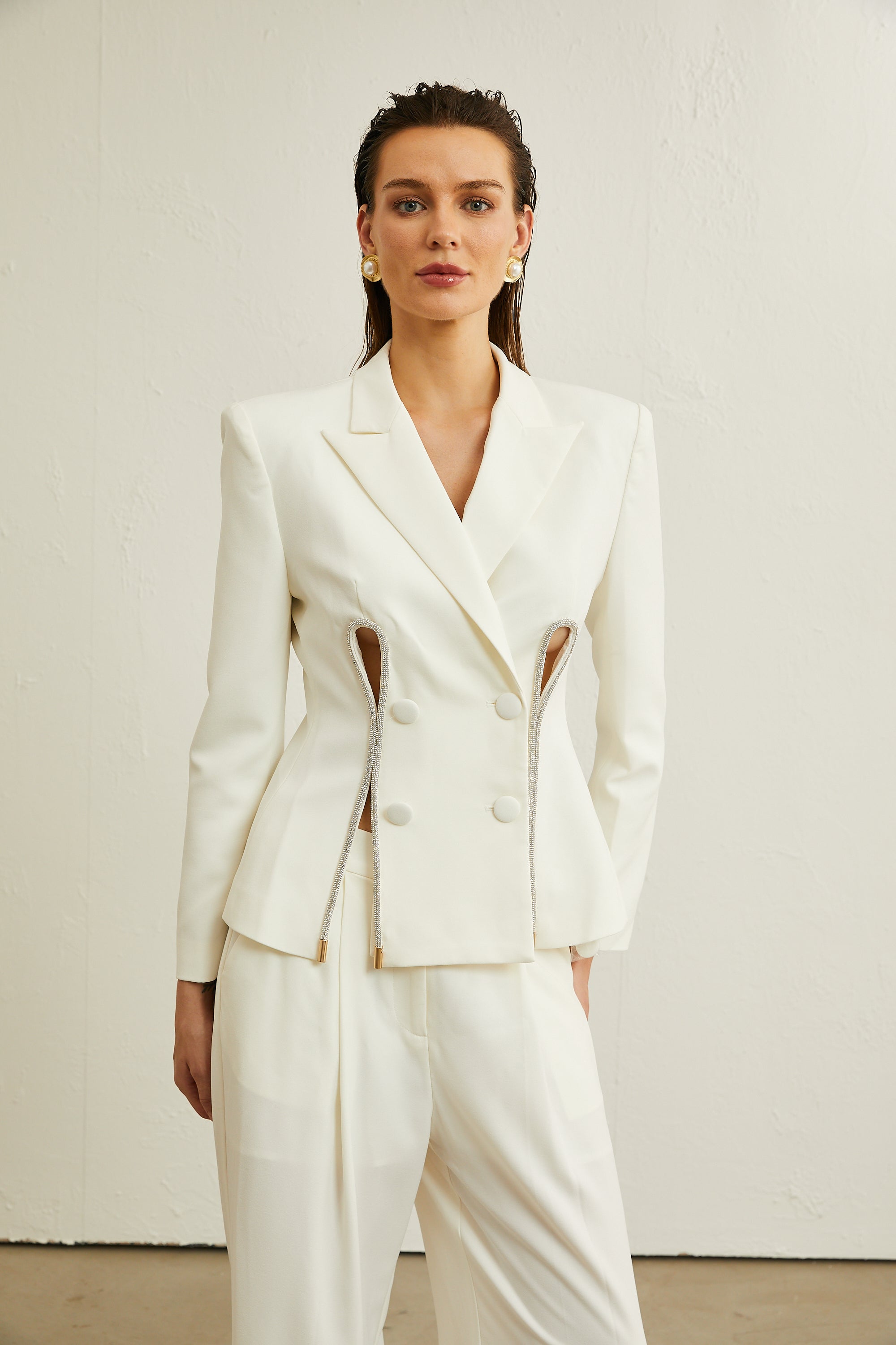 Raphaëlle white embellished jacket & trousers matching set