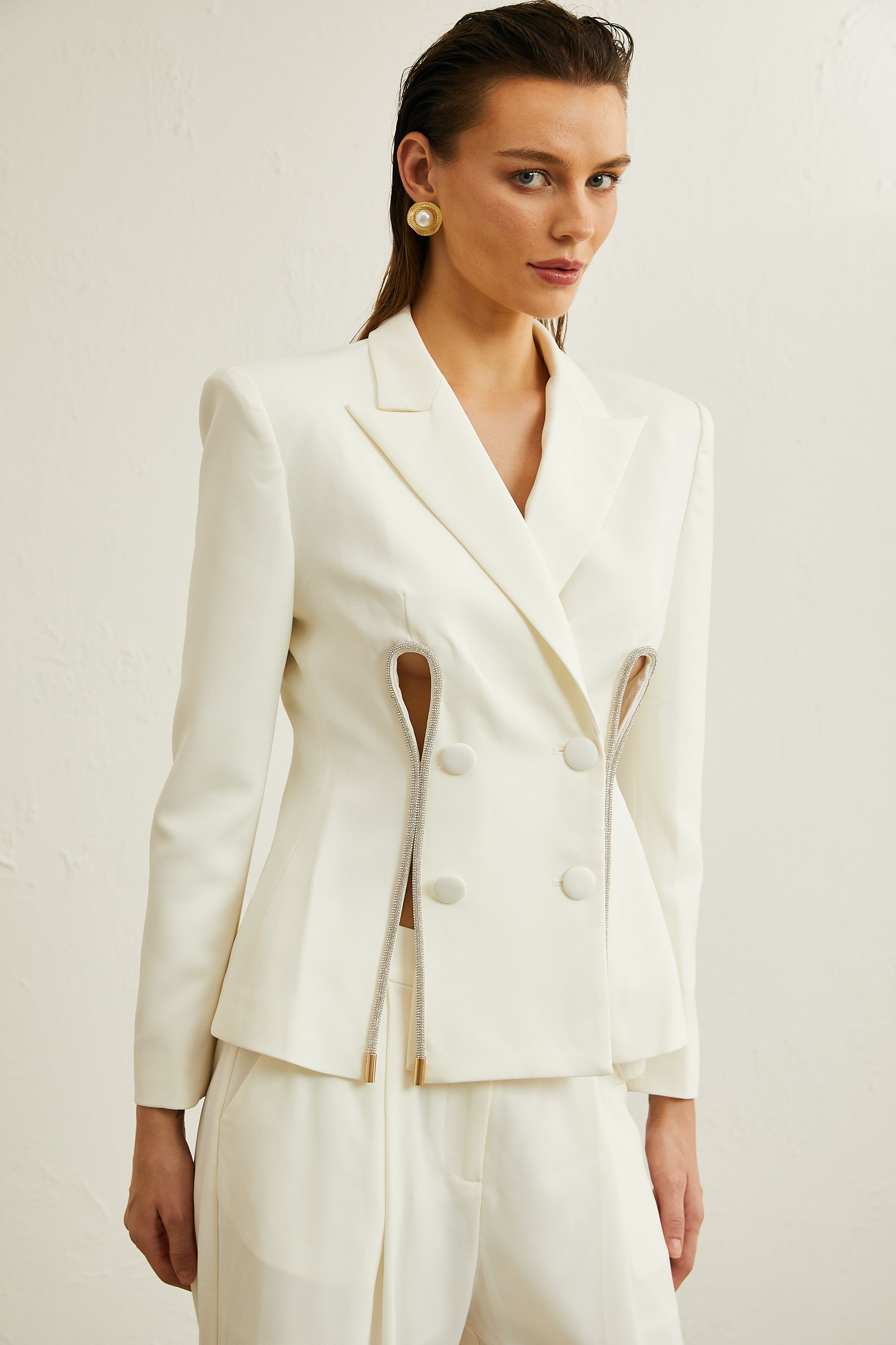 Raphaëlle white embellished jacket & trousers matching set