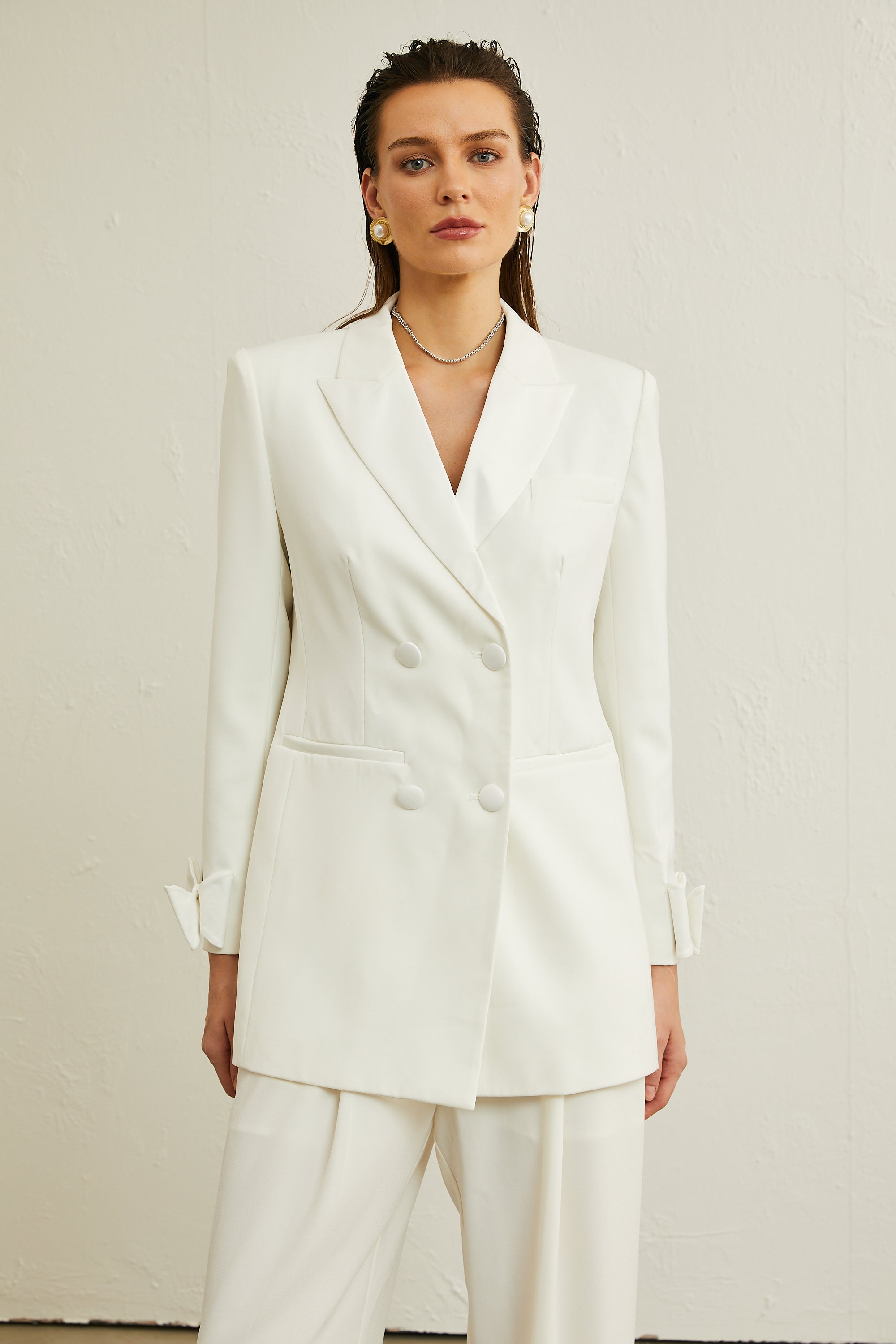 Margaux white bow-embellished wool jacket