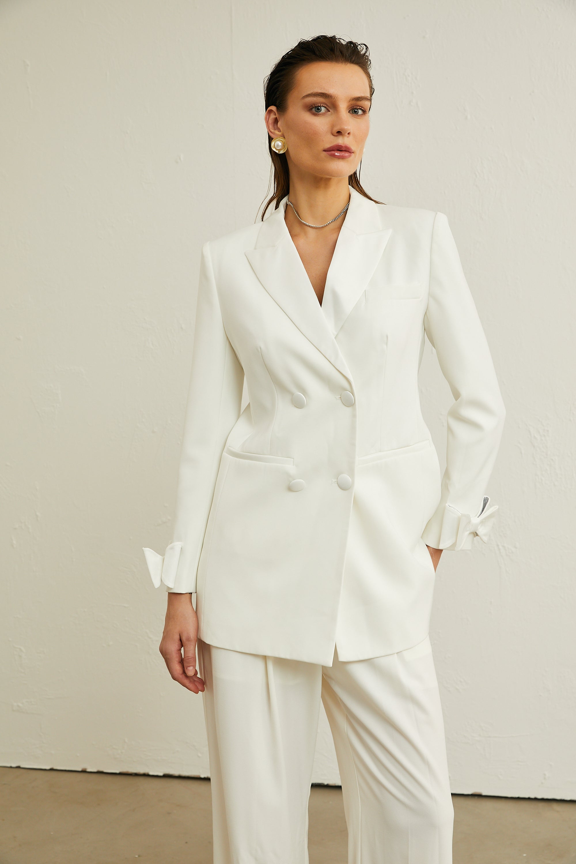 Margaux white bow-embellished wool jacket