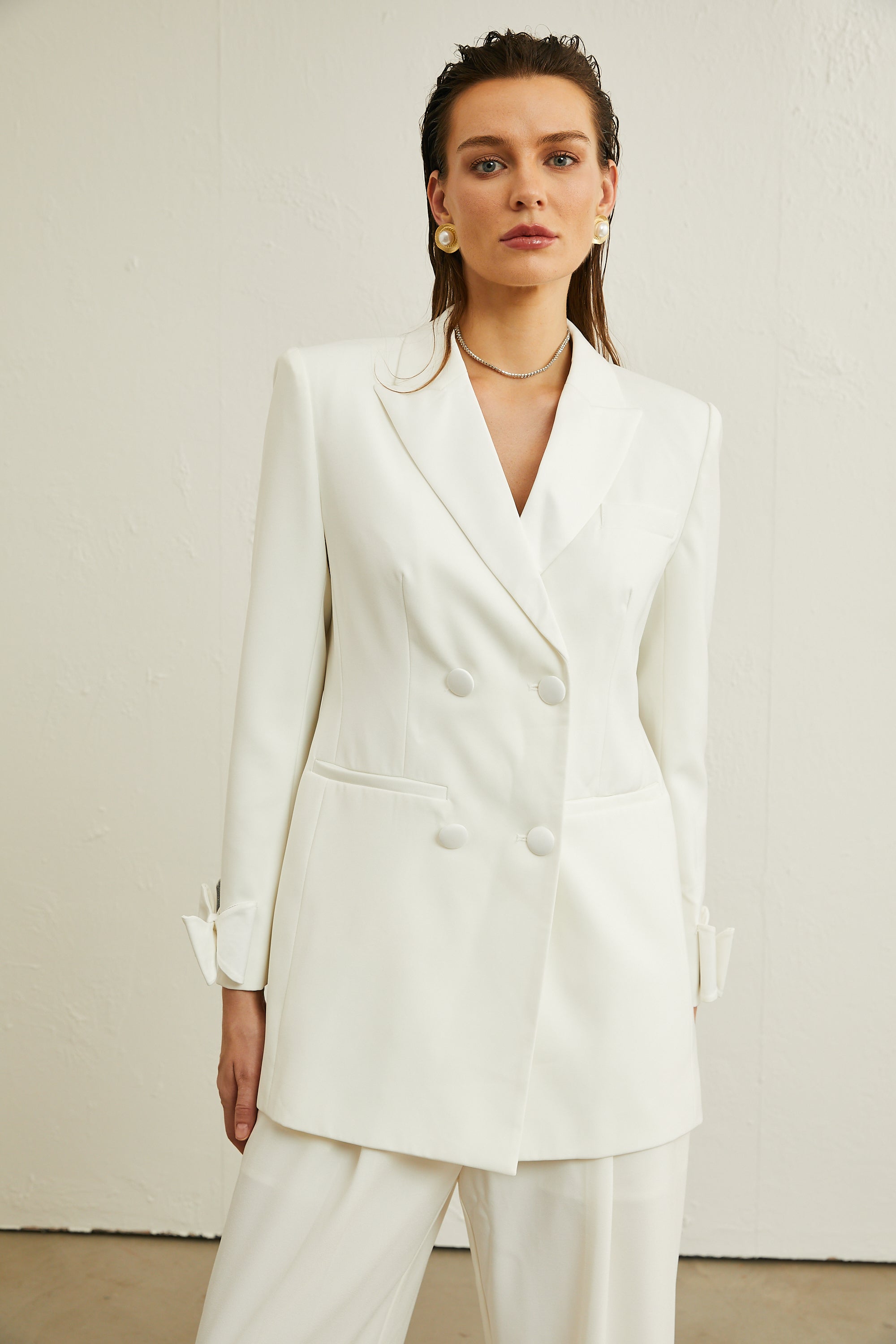 Margaux white bow-embellished wool jacket