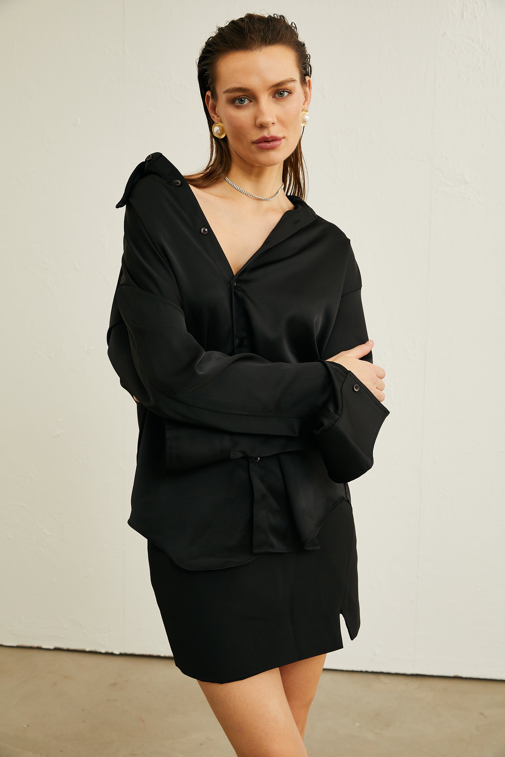 Coralie lace-panelling satin shirt