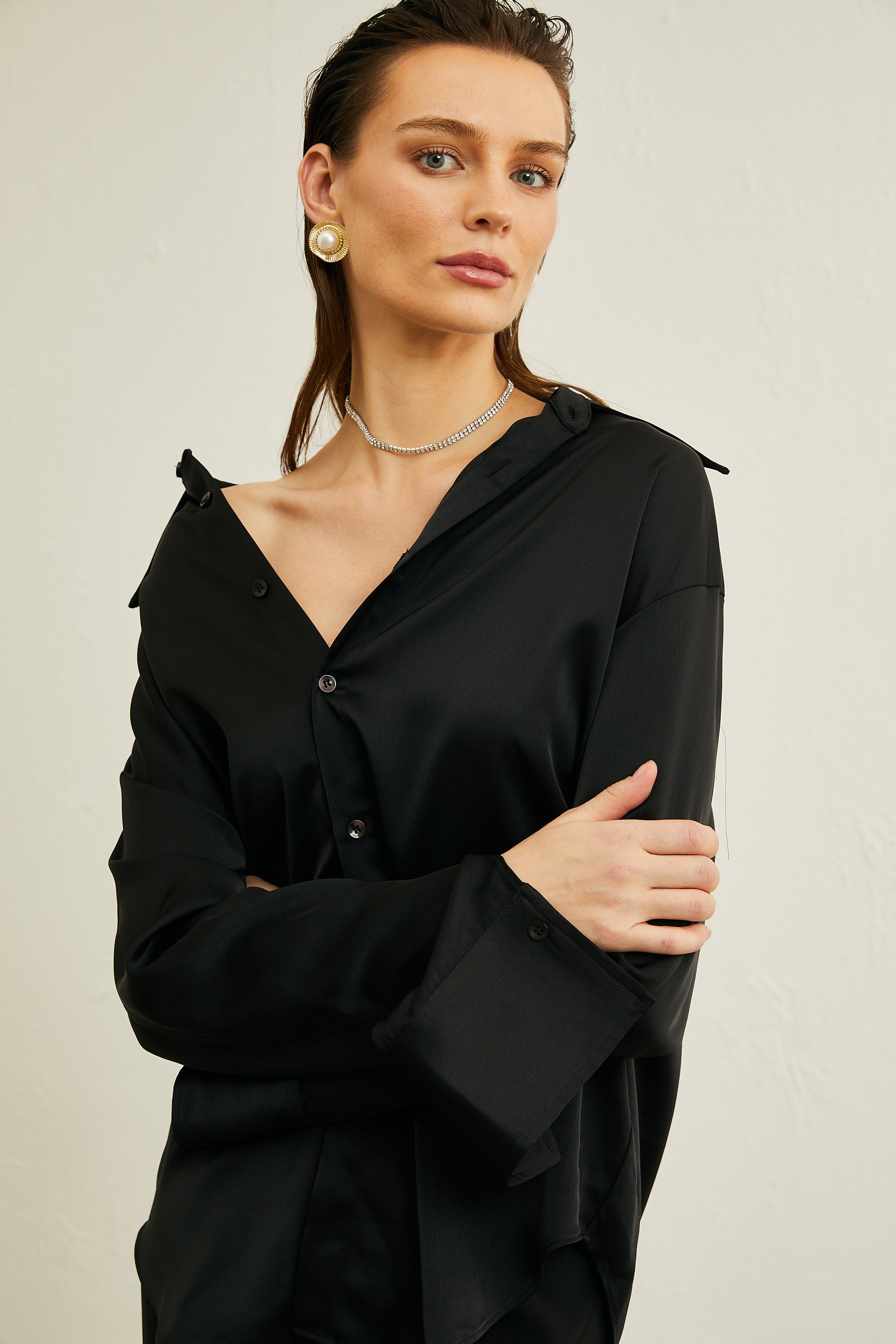 Coralie lace-panelling satin shirt