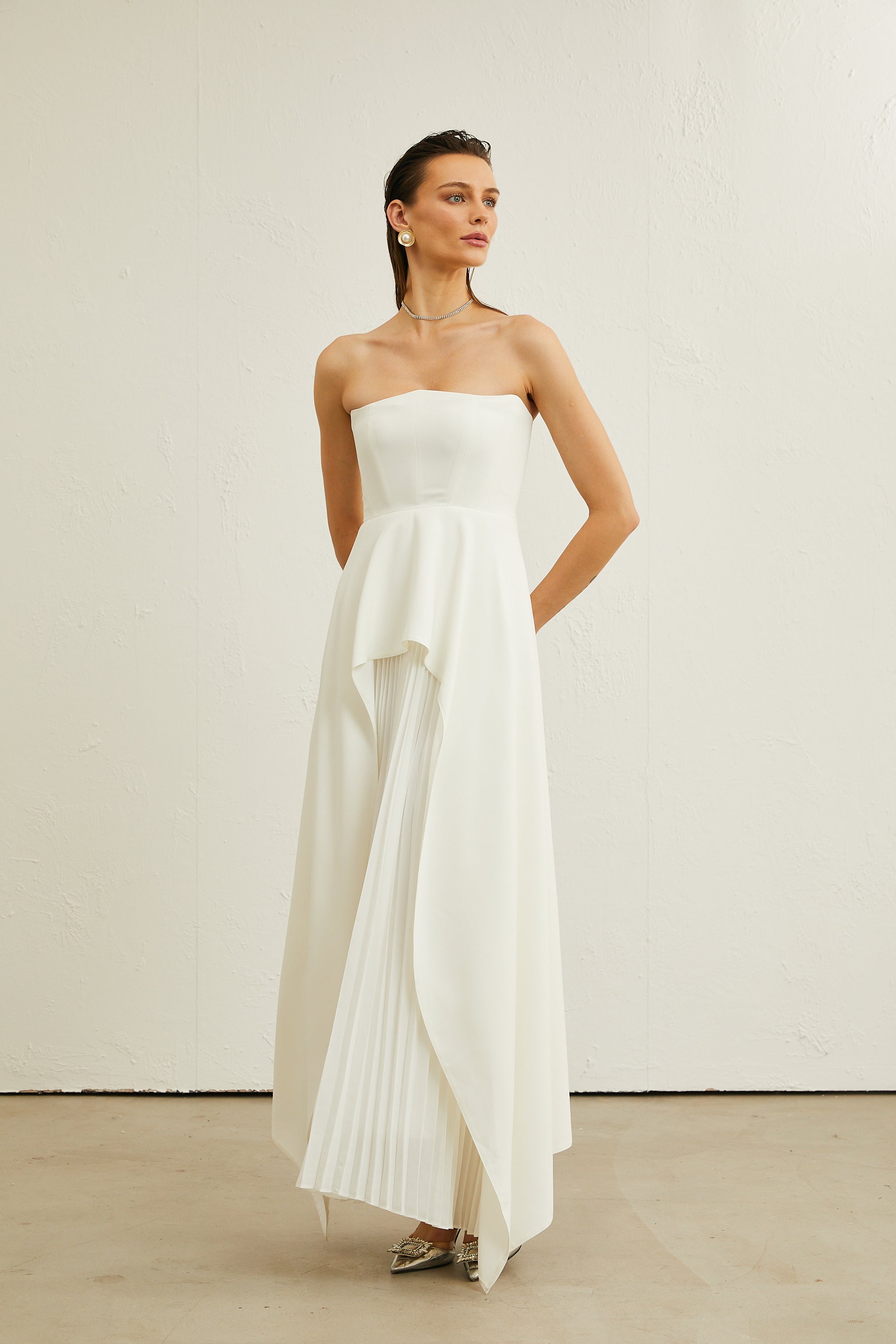 Vanessa white pleated off-shoulder maxi dress