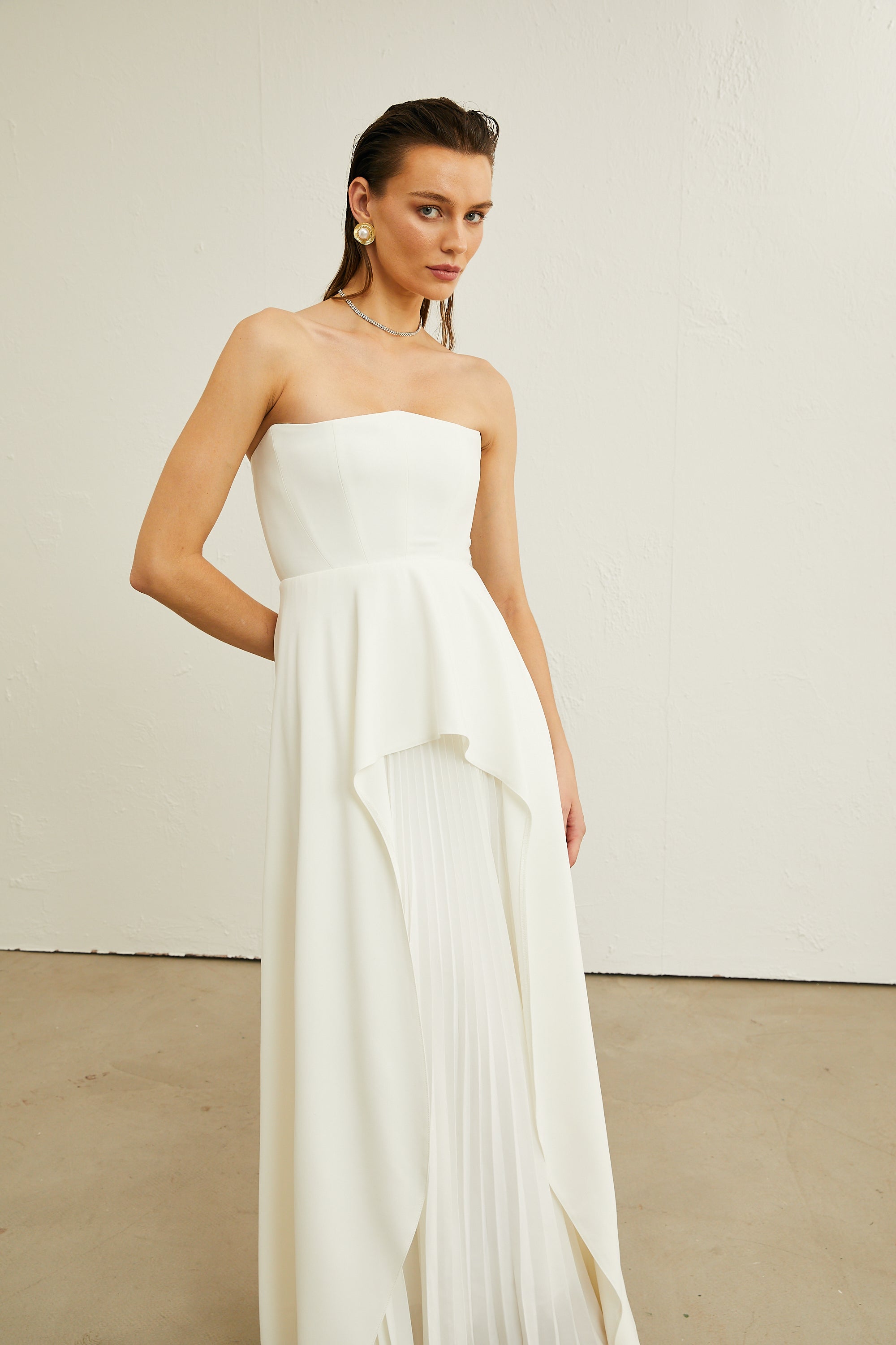 Vanessa white pleated off-shoulder maxi dress