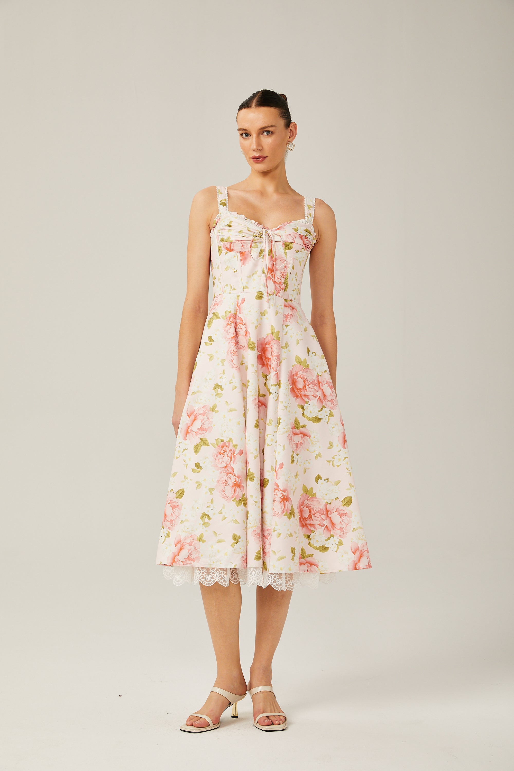 Noémie floral-print lace-trim midi dress