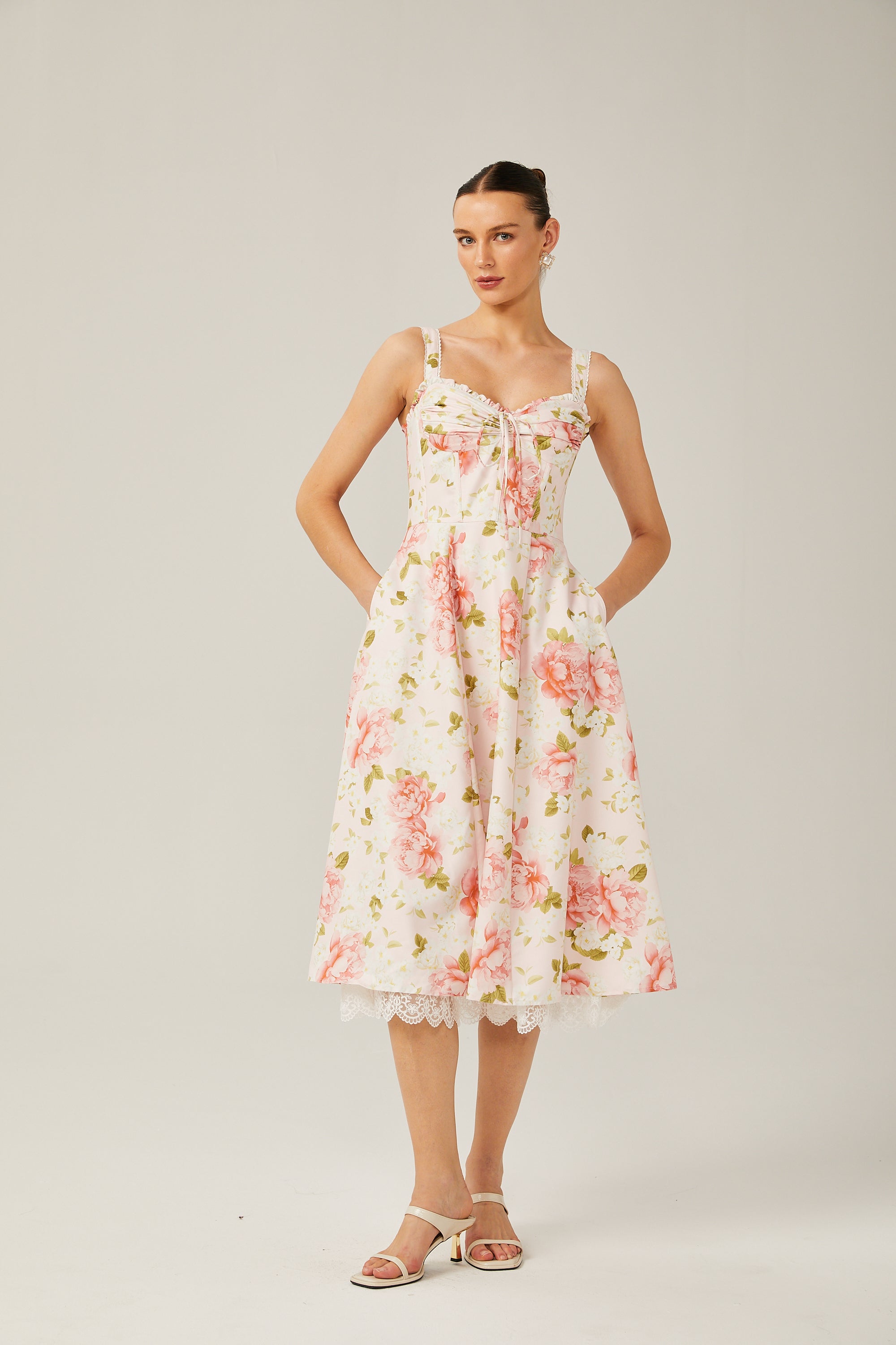 Noémie floral-print lace-trim midi dress