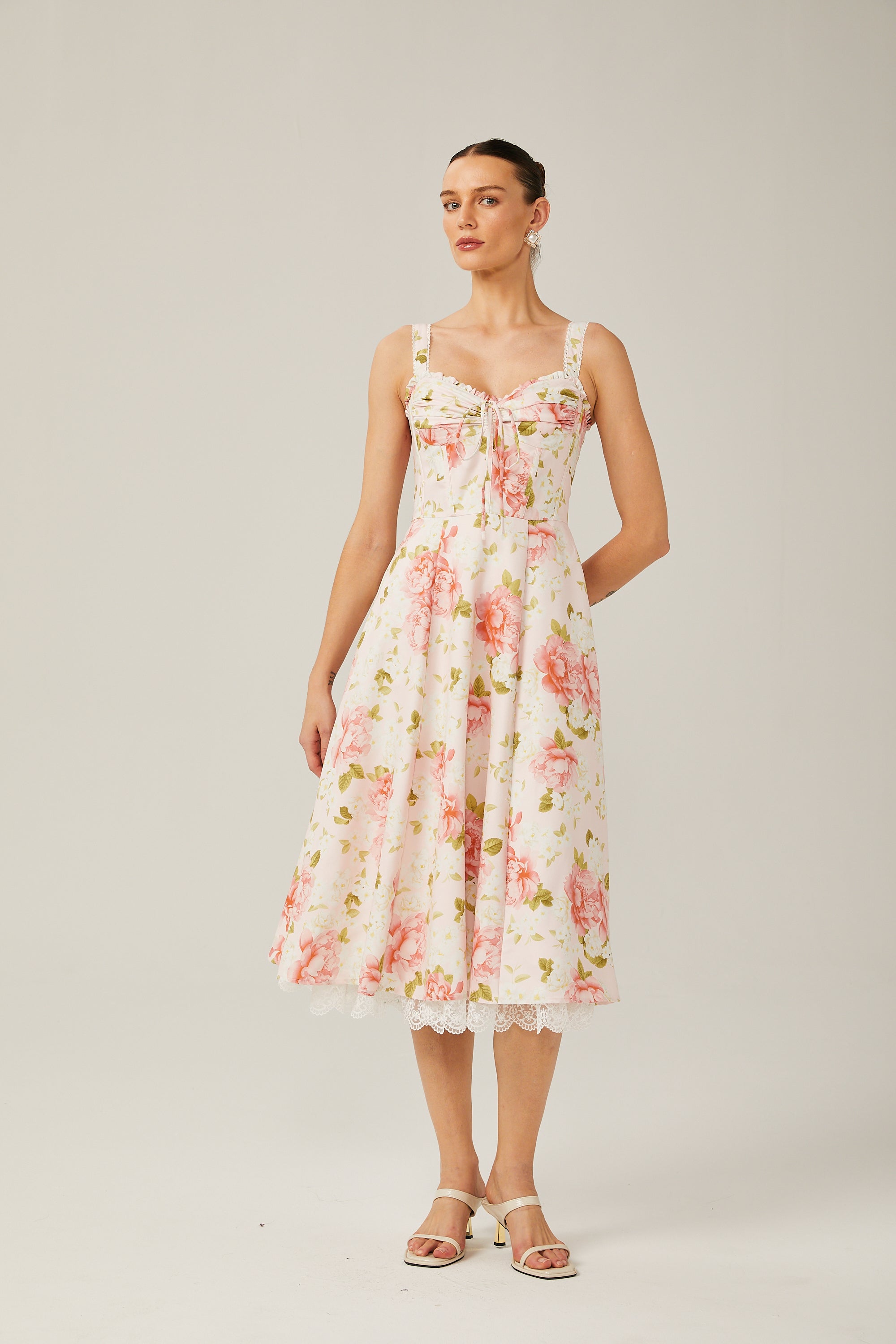 Noémie floral-print lace-trim midi dress