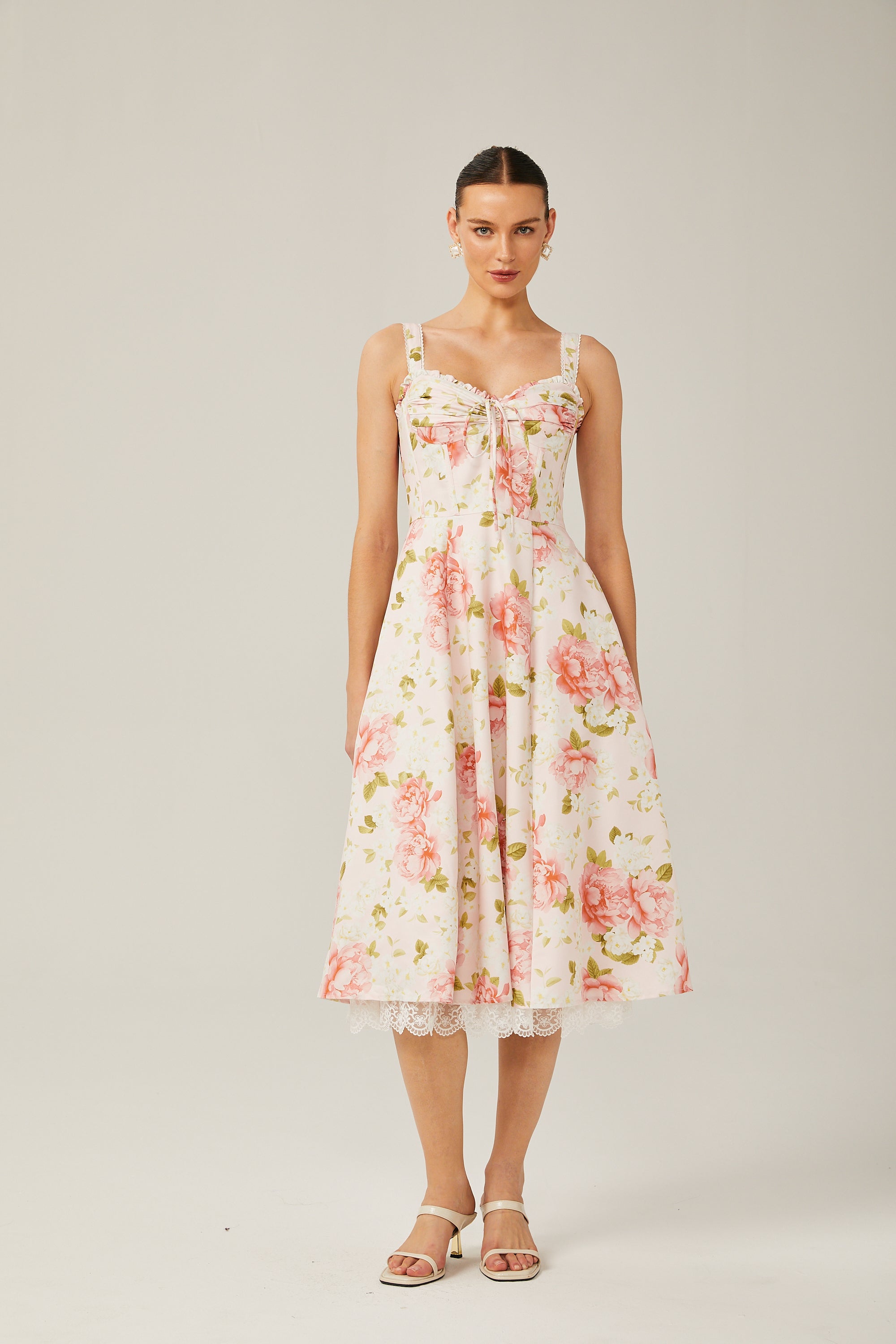 Noémie floral-print lace-trim midi dress