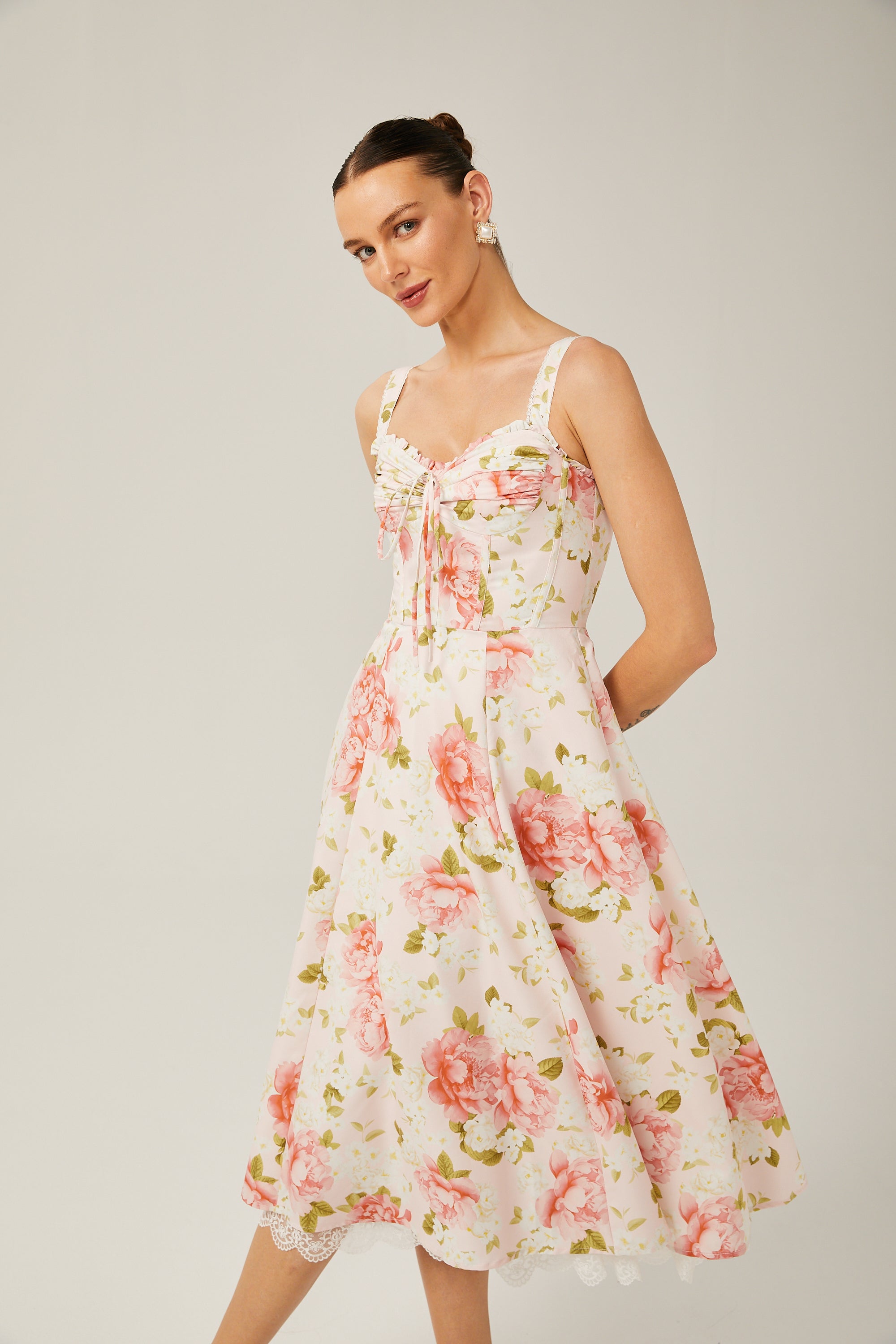 Noémie floral-print lace-trim midi dress