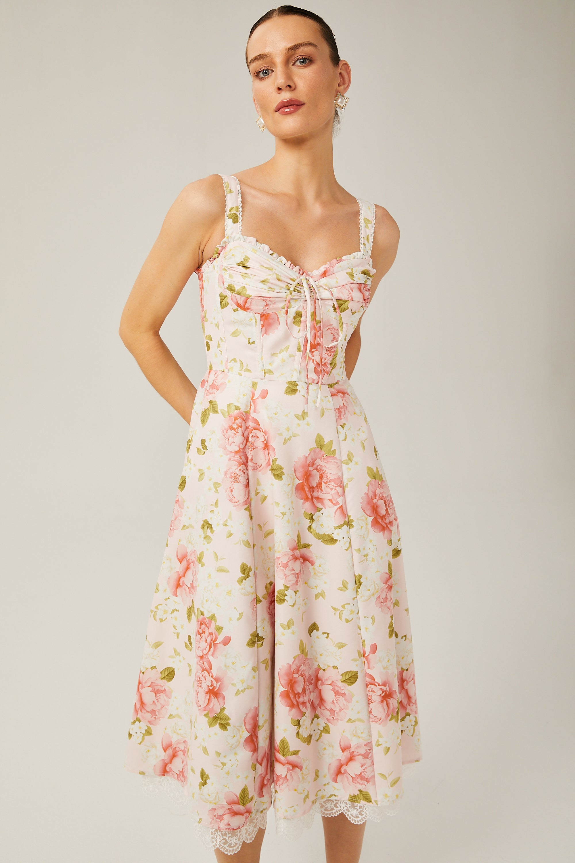 Noémie floral-print lace-trim midi dress