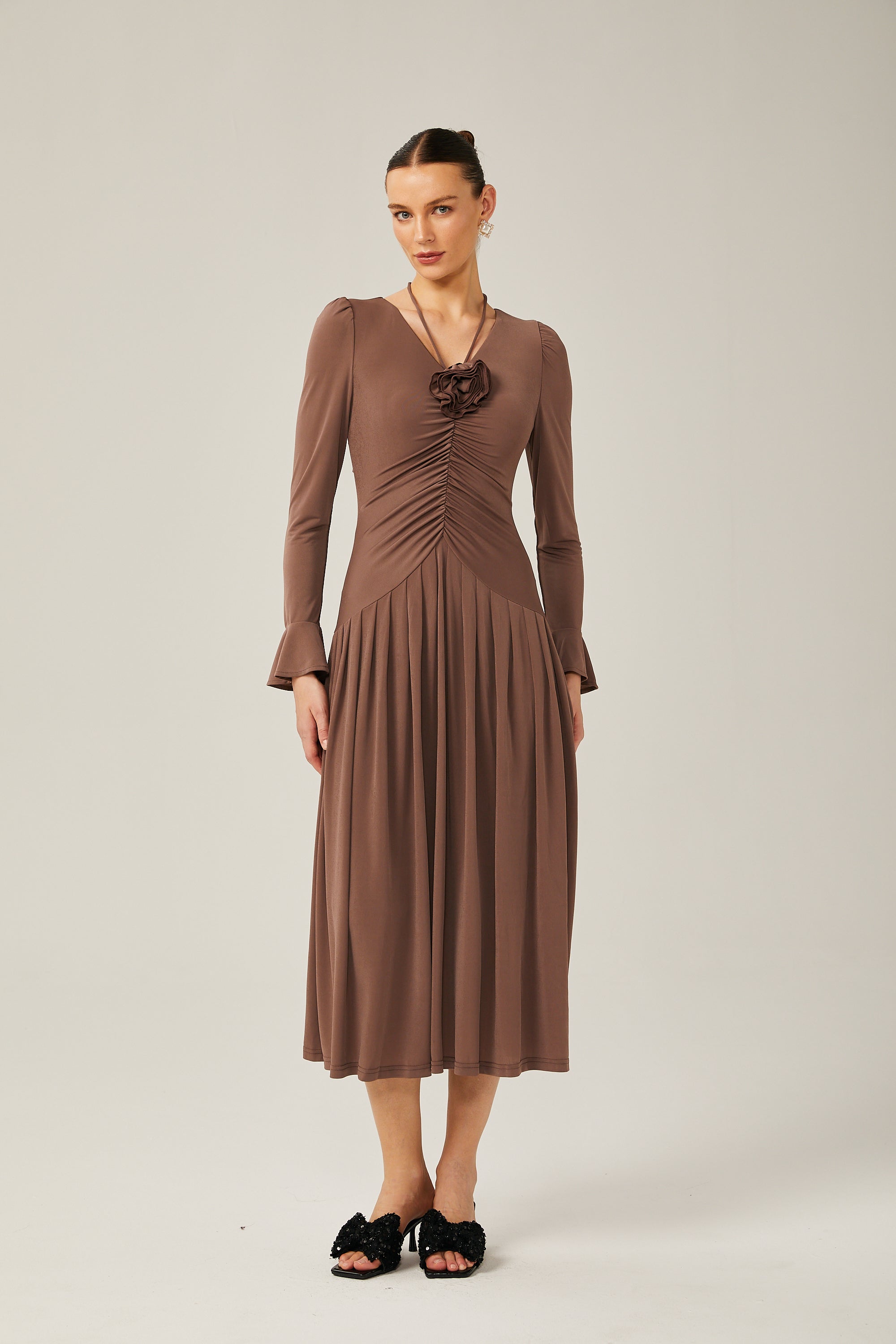 Jacqueline brown ruched maxi dress