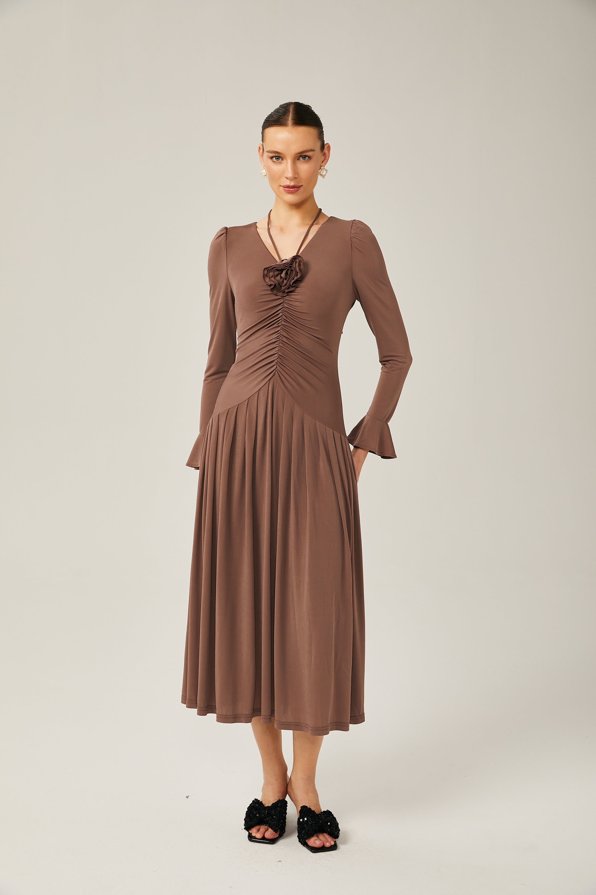 Jacqueline brown ruched maxi dress