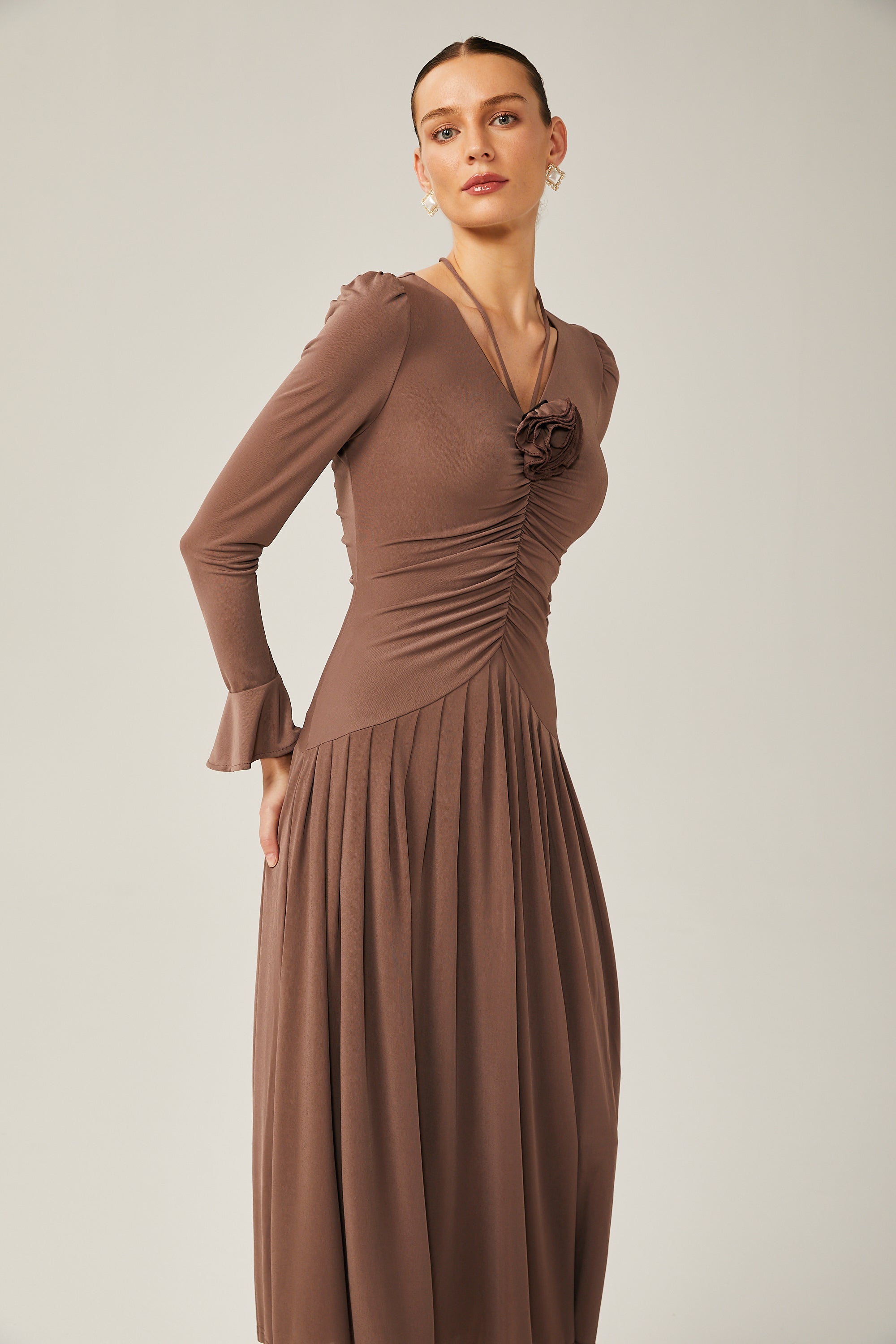 Jacqueline brown ruched maxi dress