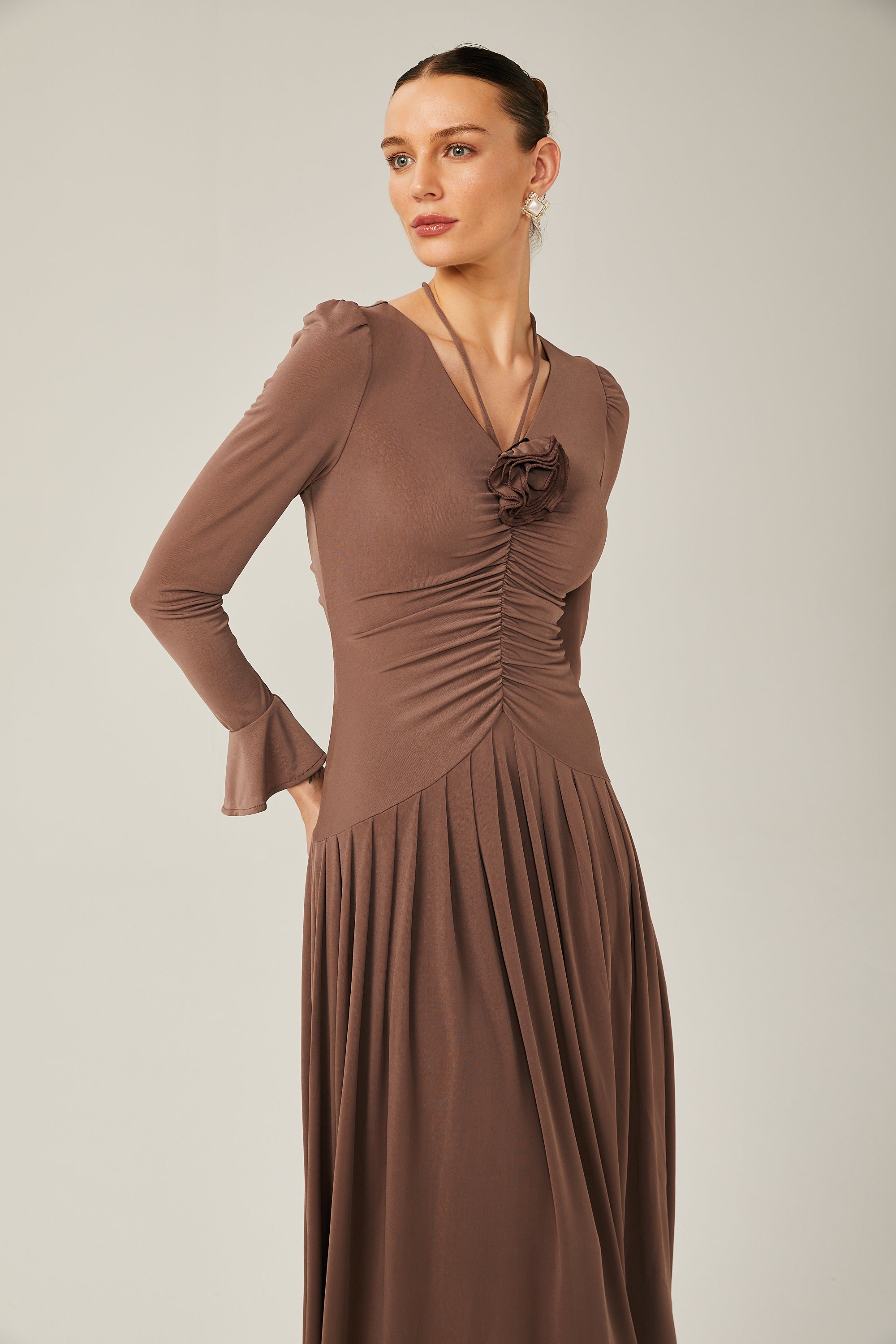 Jacqueline brown ruched maxi dress