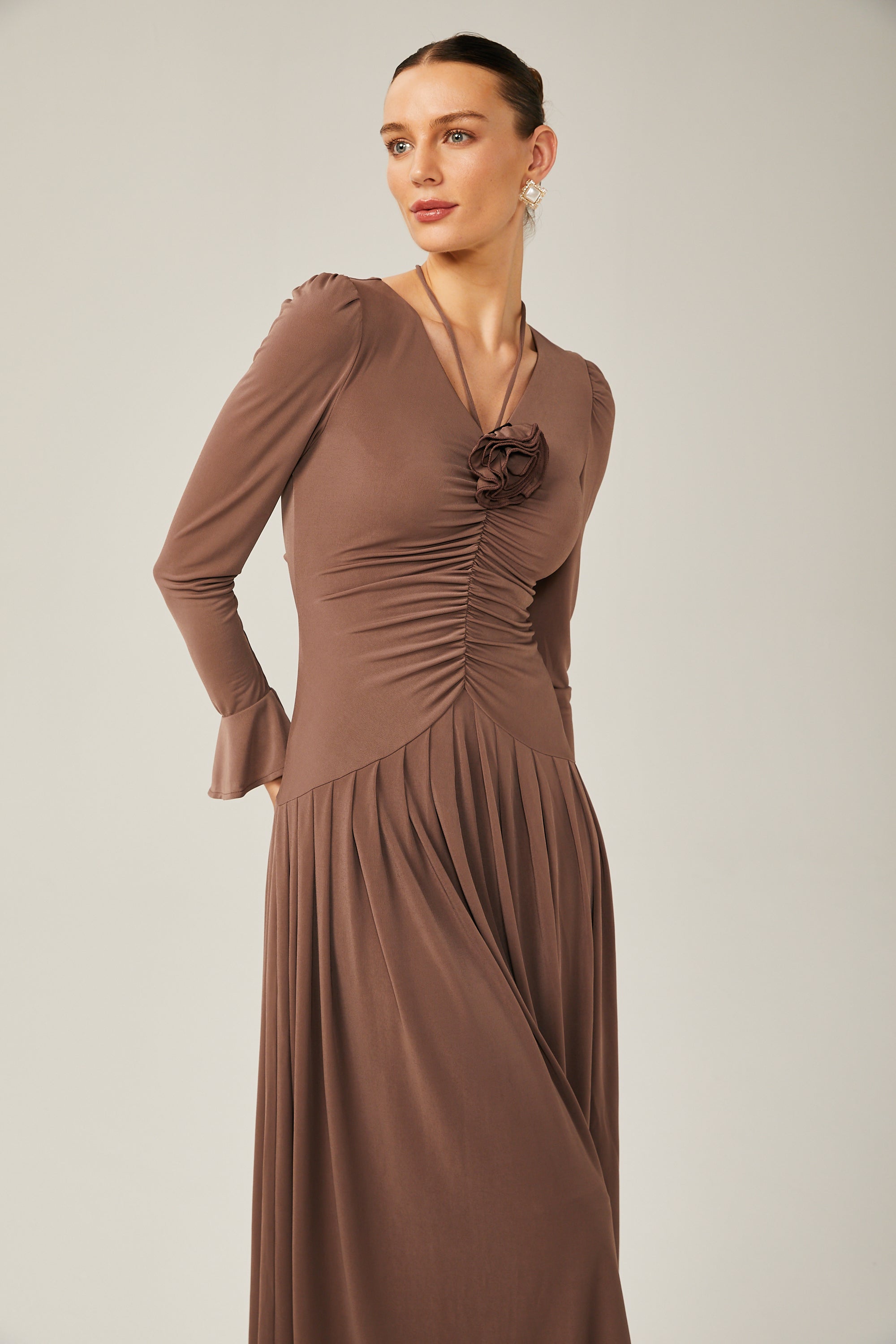 Jacqueline brown ruched maxi dress