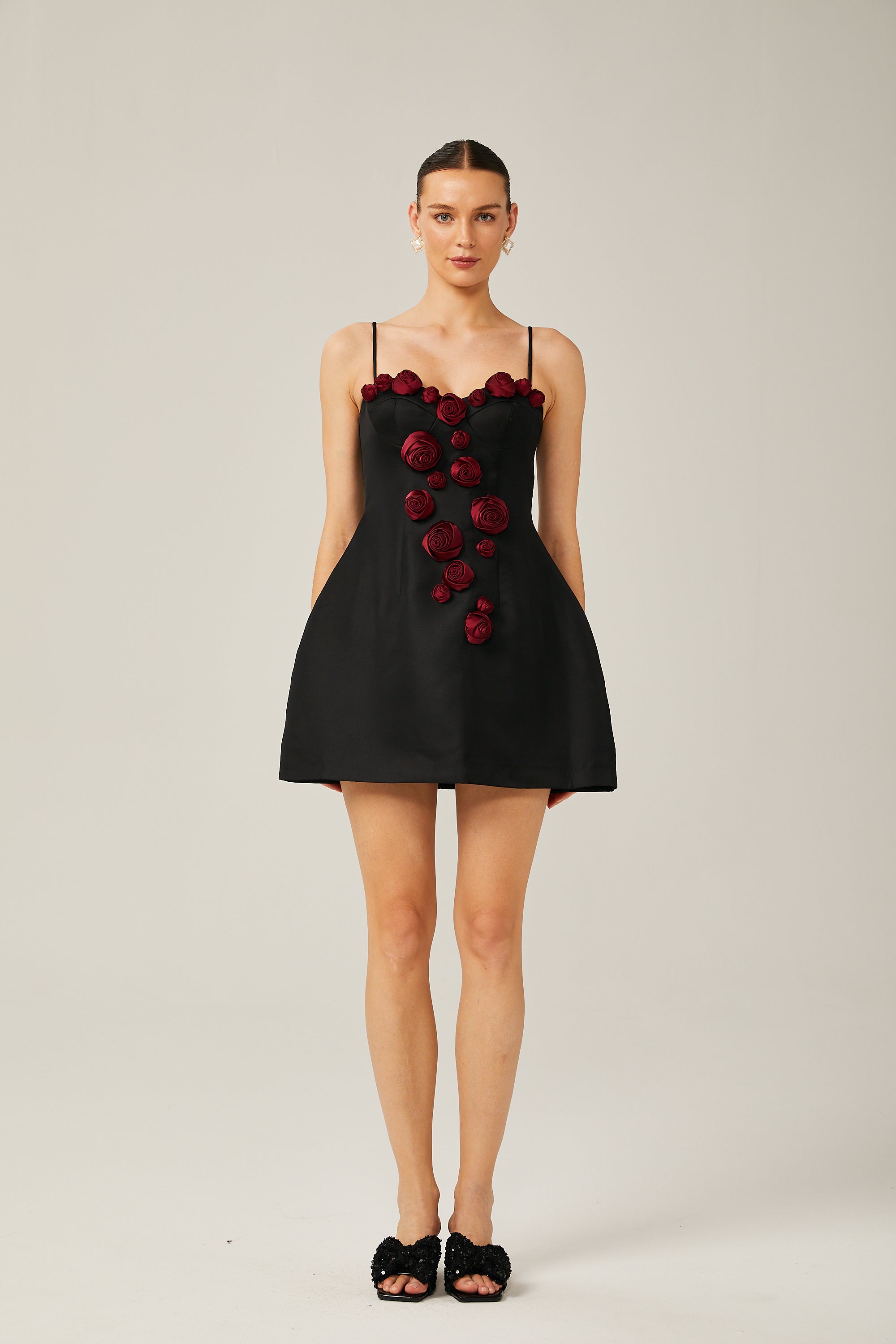 Annabelle black floral-appliqué sleeveless mini dress