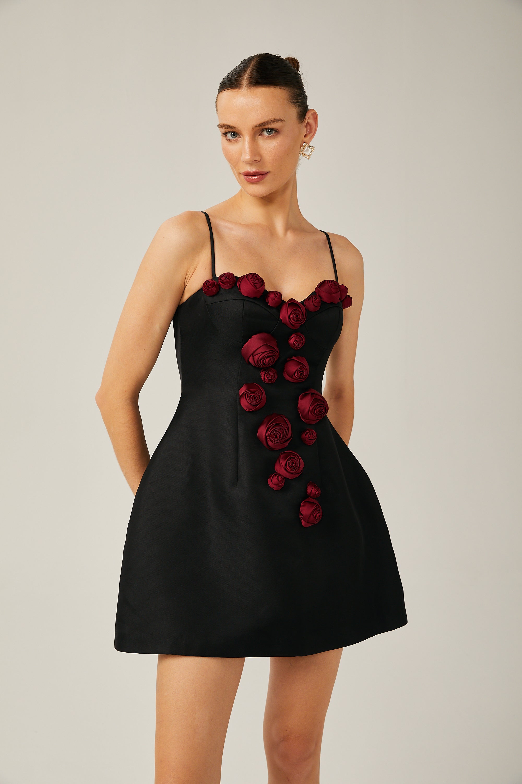 Annabelle black floral-appliqué sleeveless mini dress