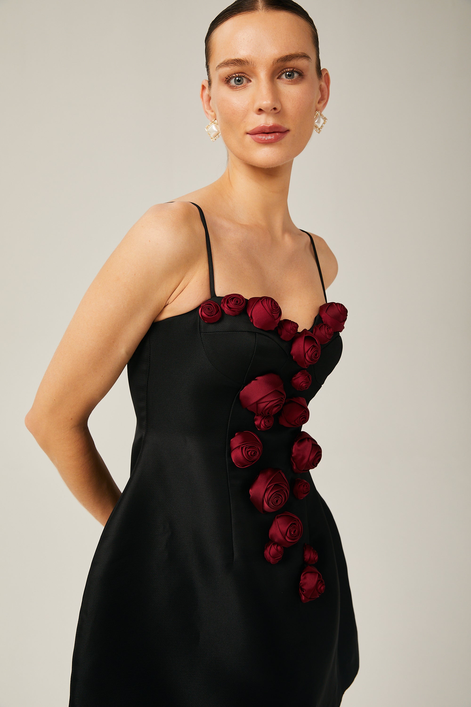 Annabelle black floral-appliqué sleeveless mini dress