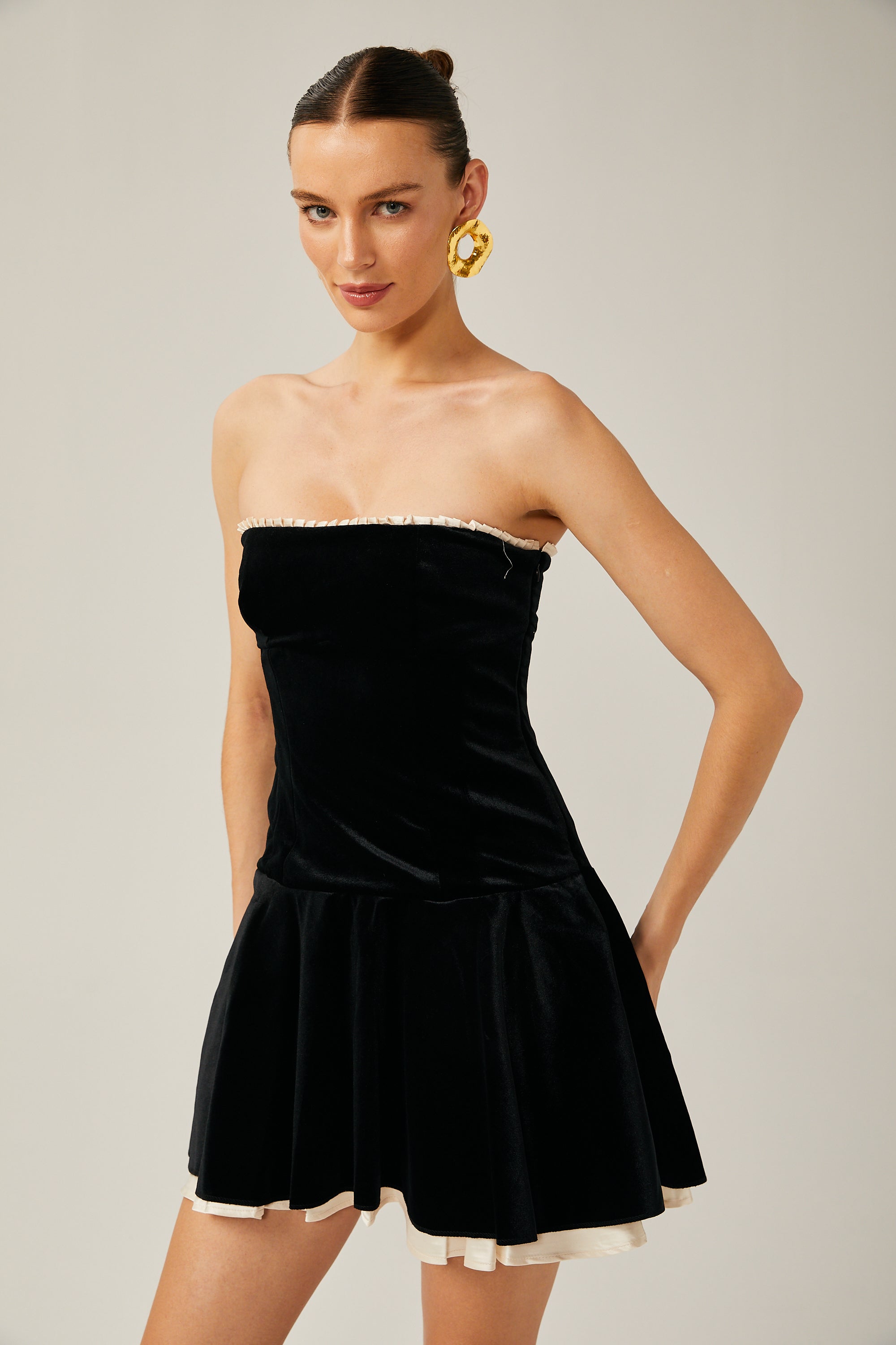 Zoé velvet strapless layered mini dress