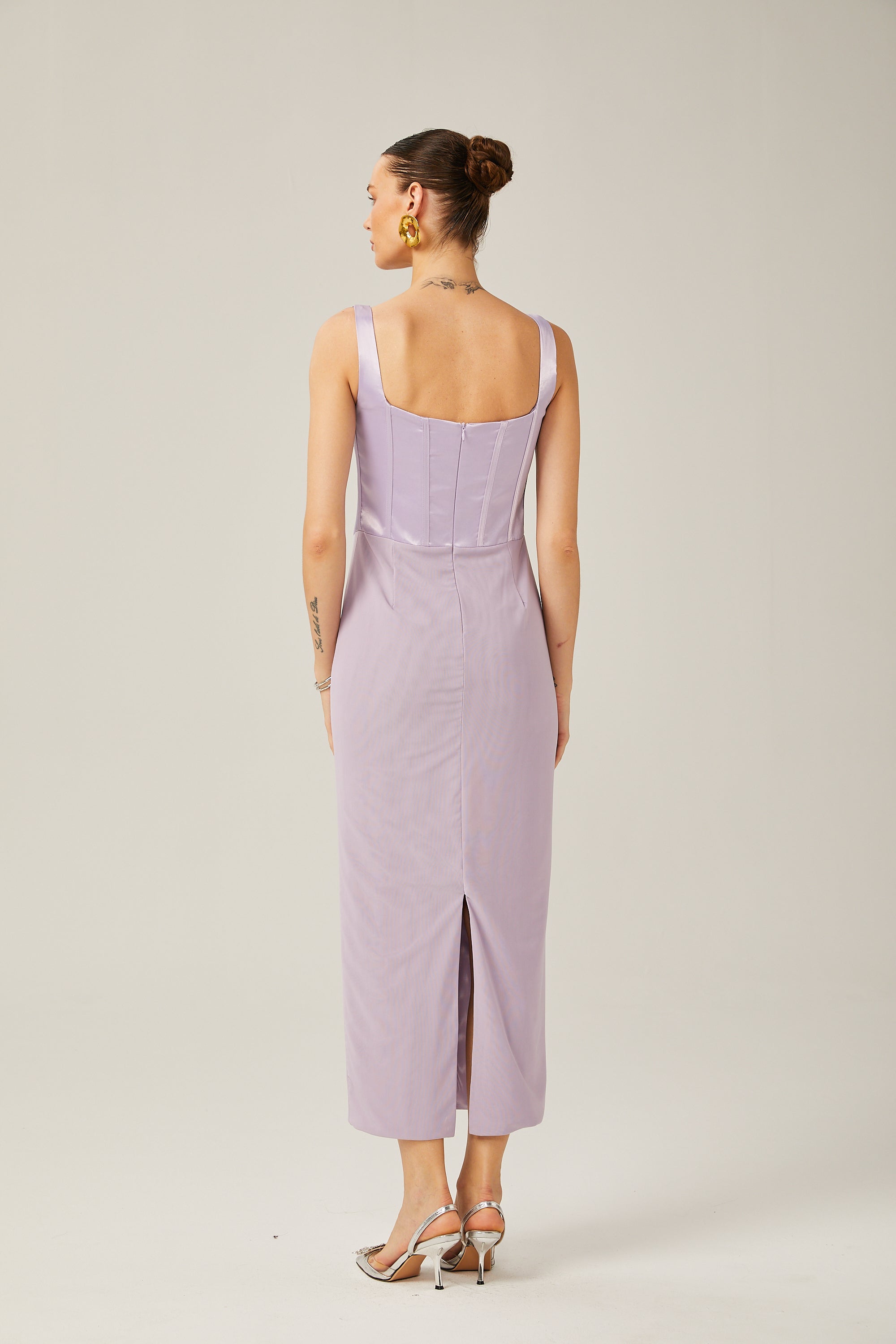 Amelina purple satin corset midi dress