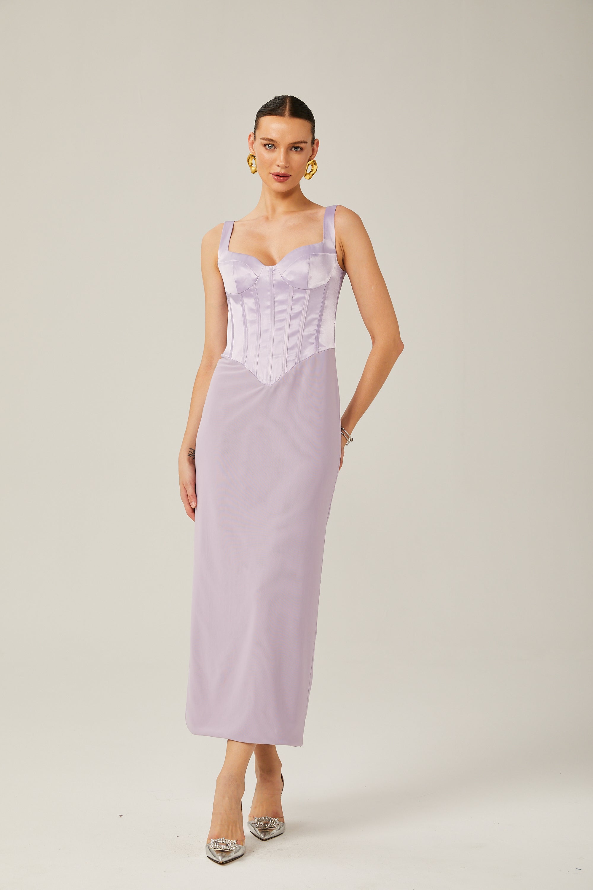 Amelina purple satin corset midi dress