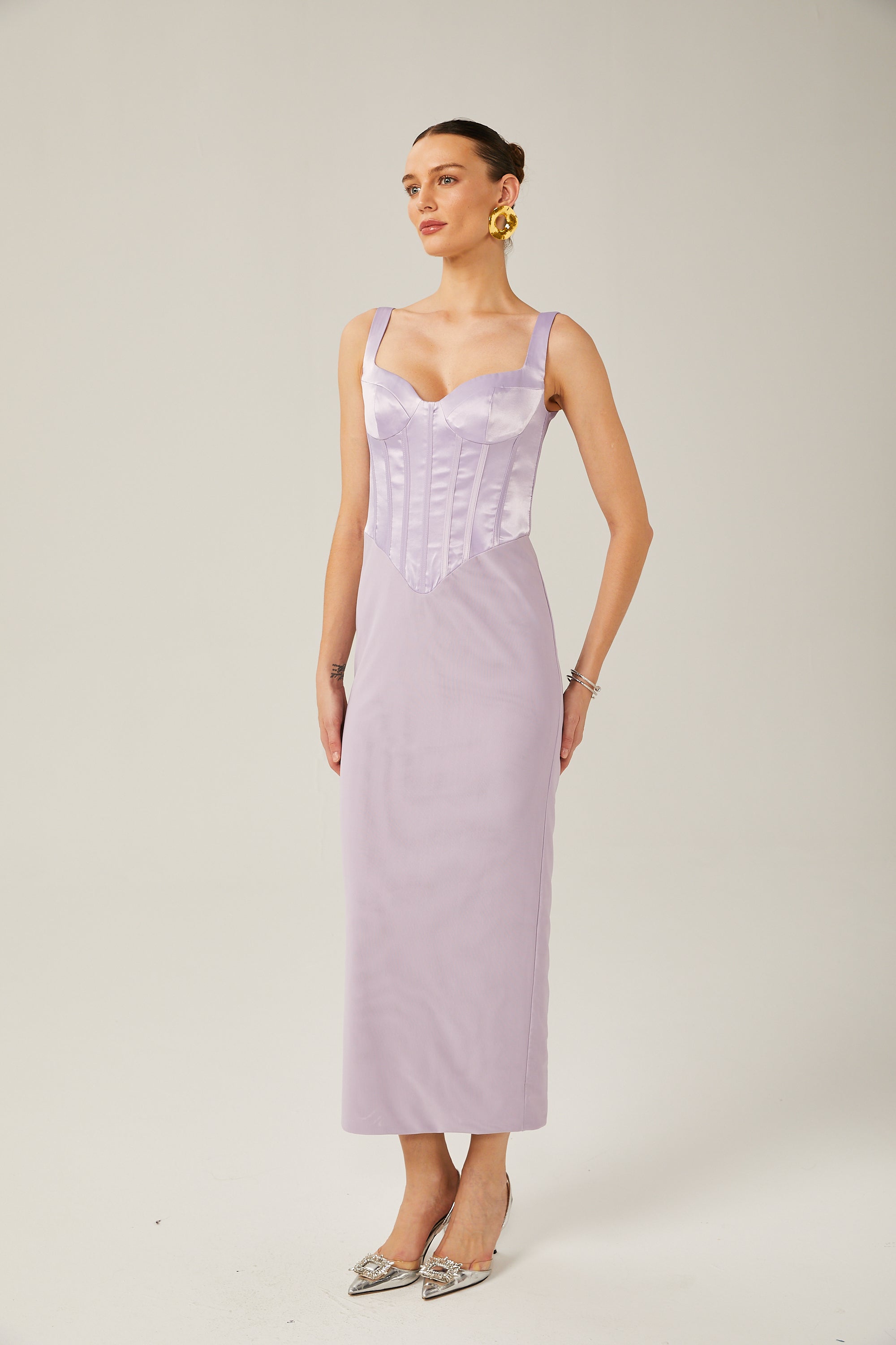 Amelina purple satin corset midi dress