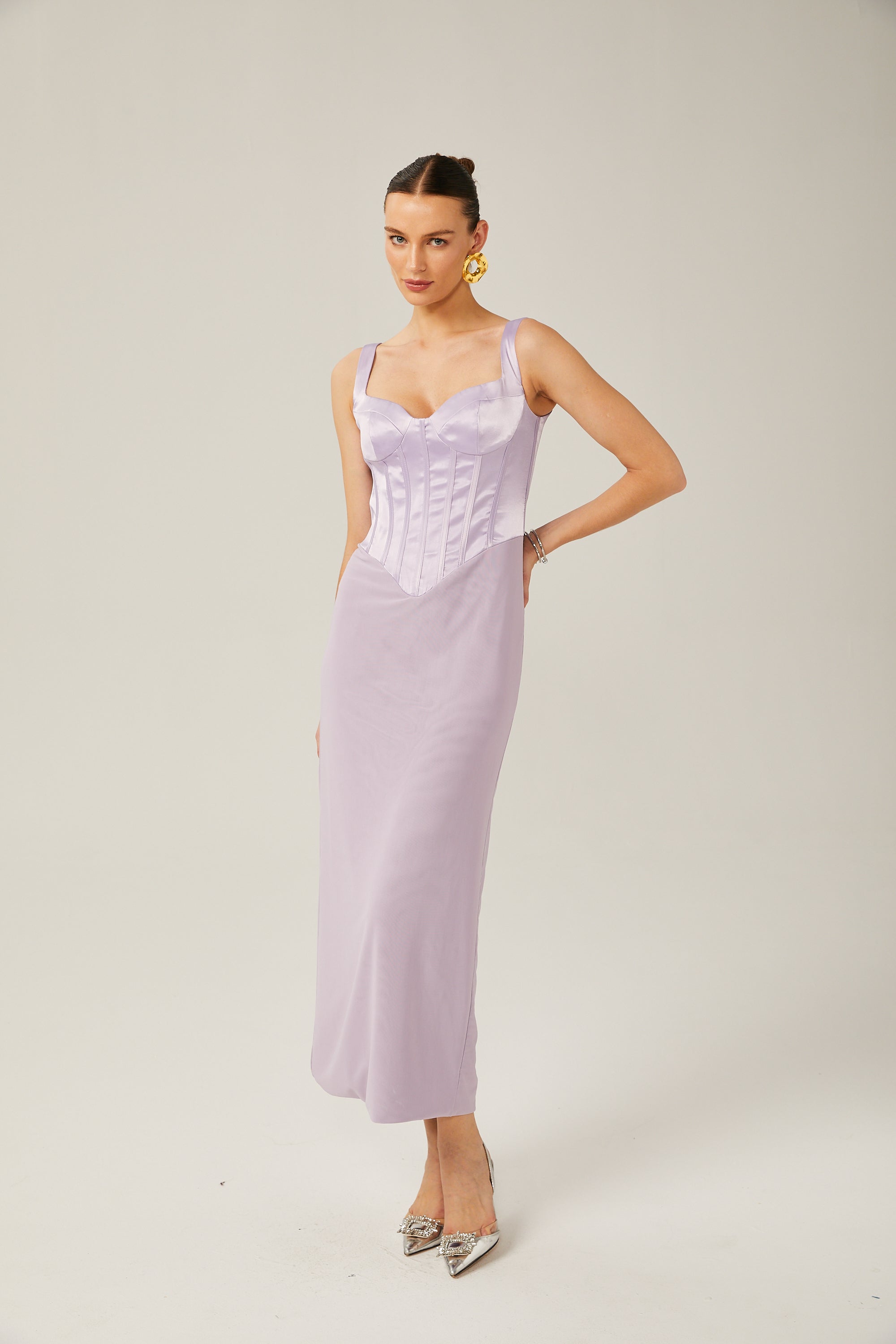 Amelina purple satin corset midi dress