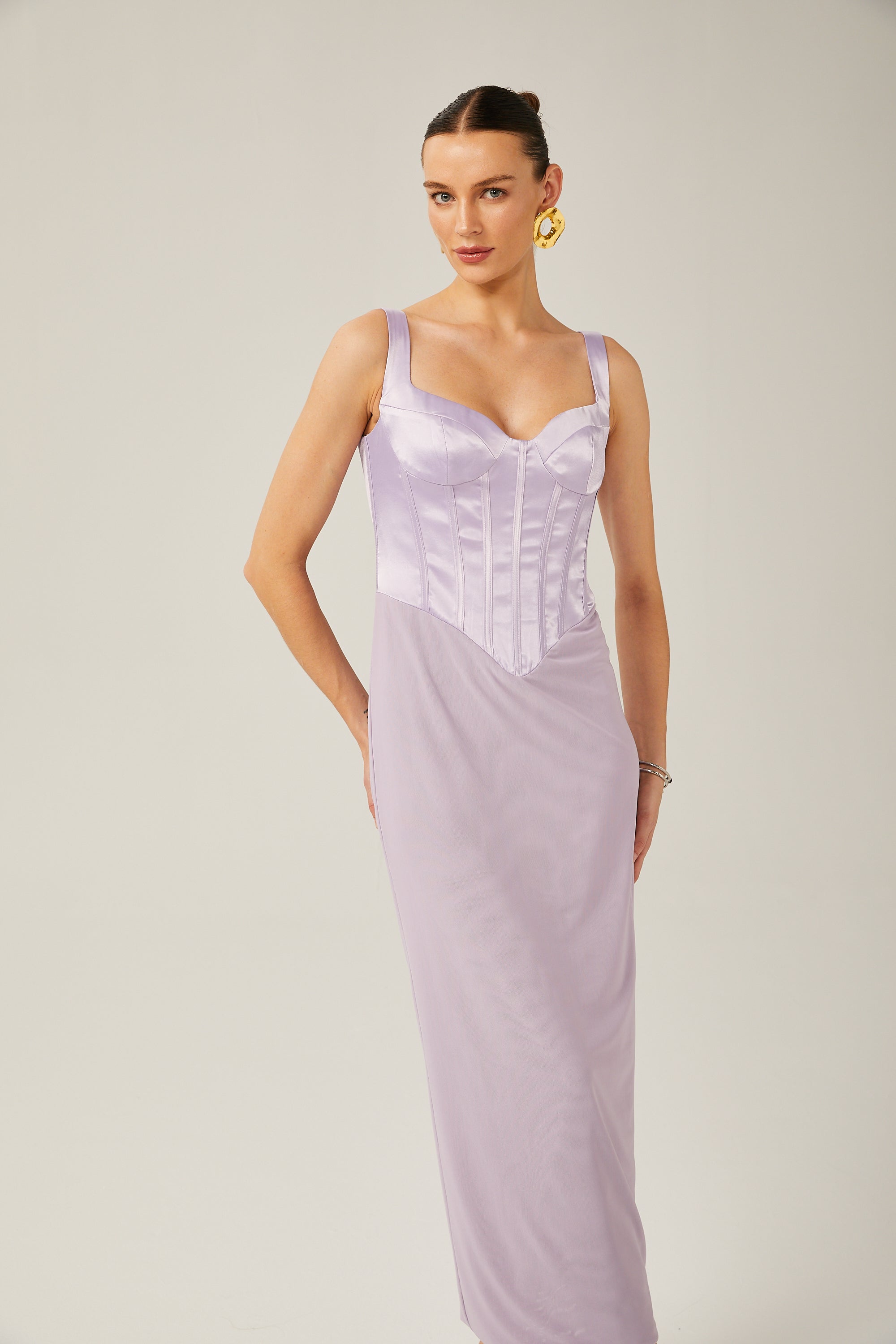 Amelina purple satin corset midi dress