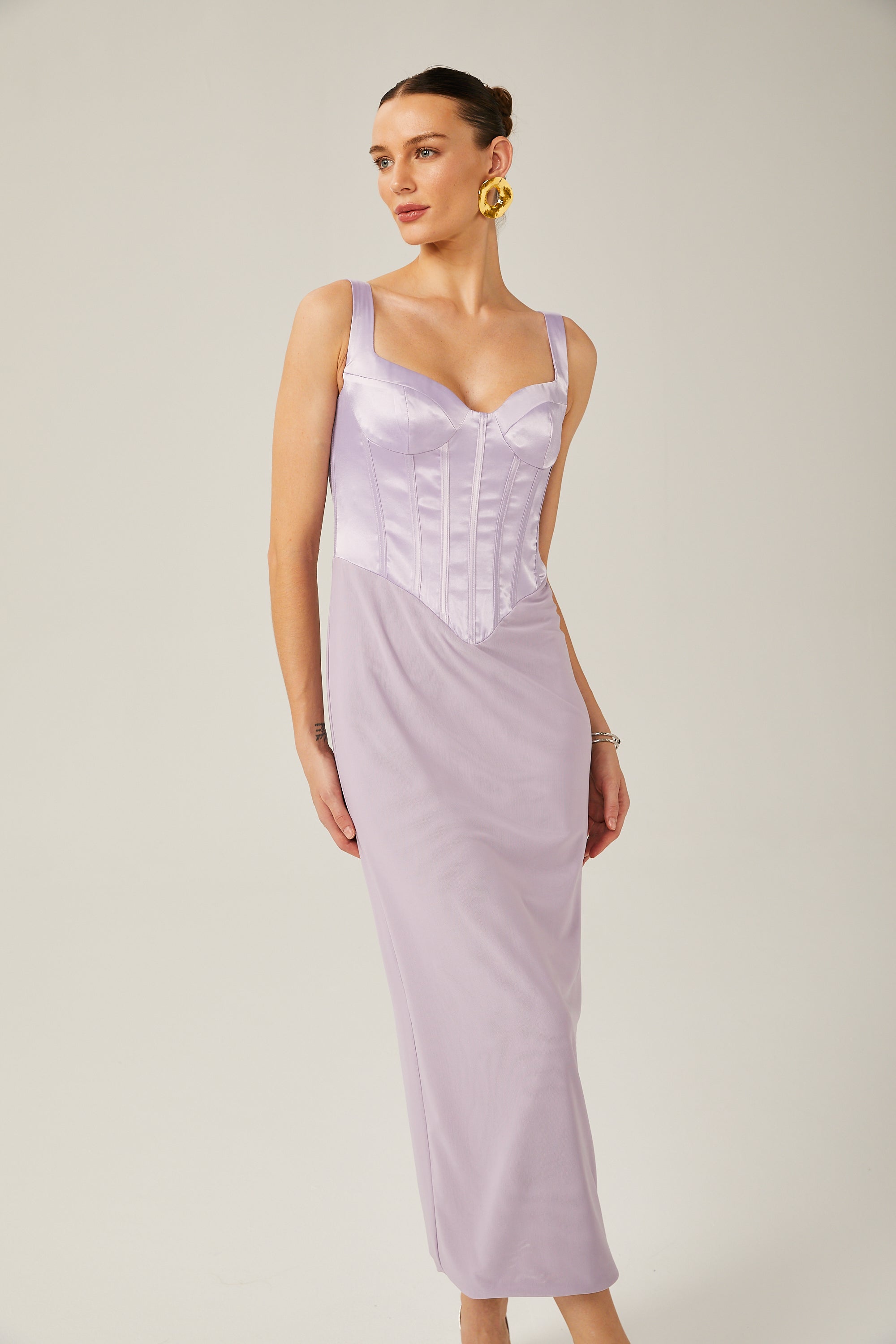 Amelina purple satin corset midi dress