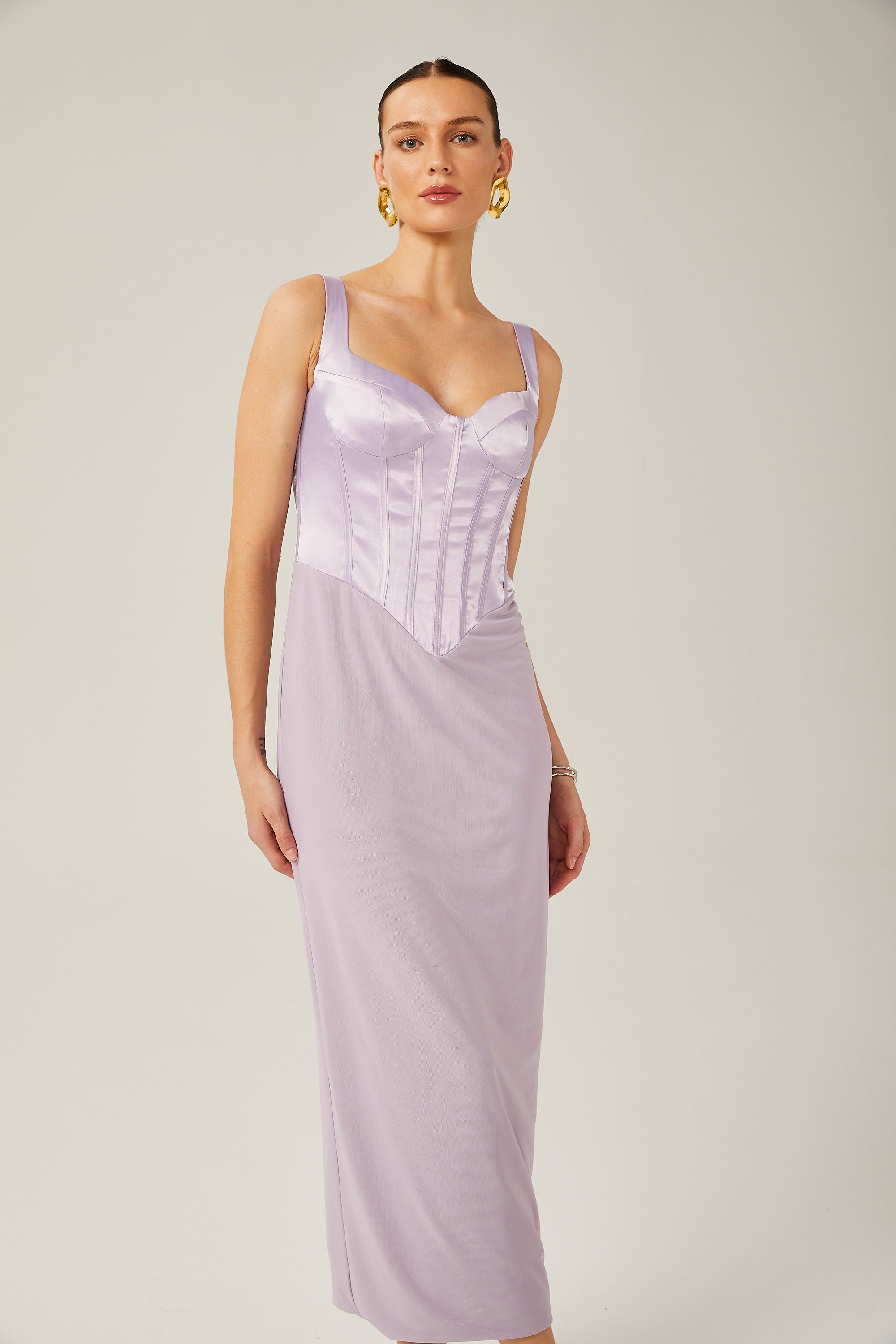 Amelina purple satin corset midi dress