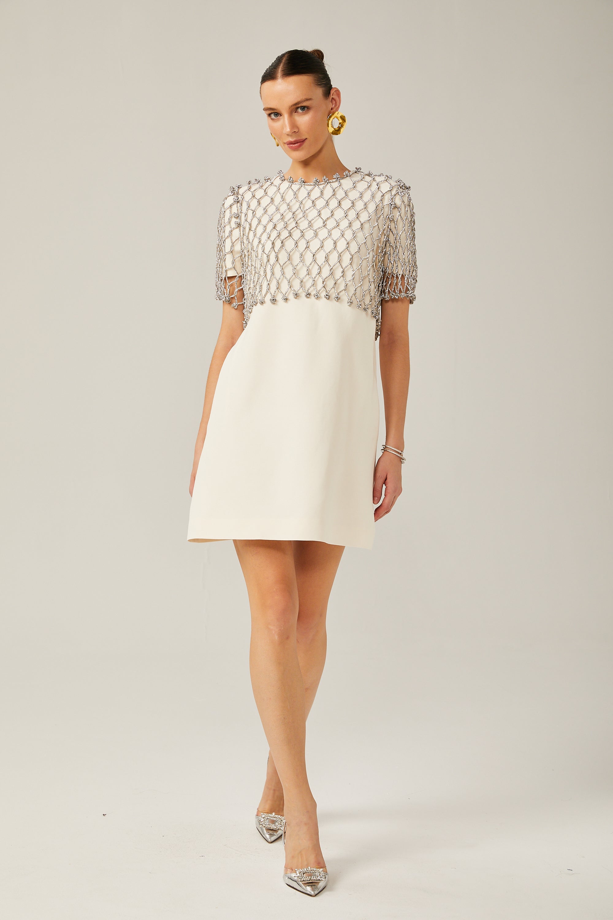 Lucie white rhinestone cape-design mini dress