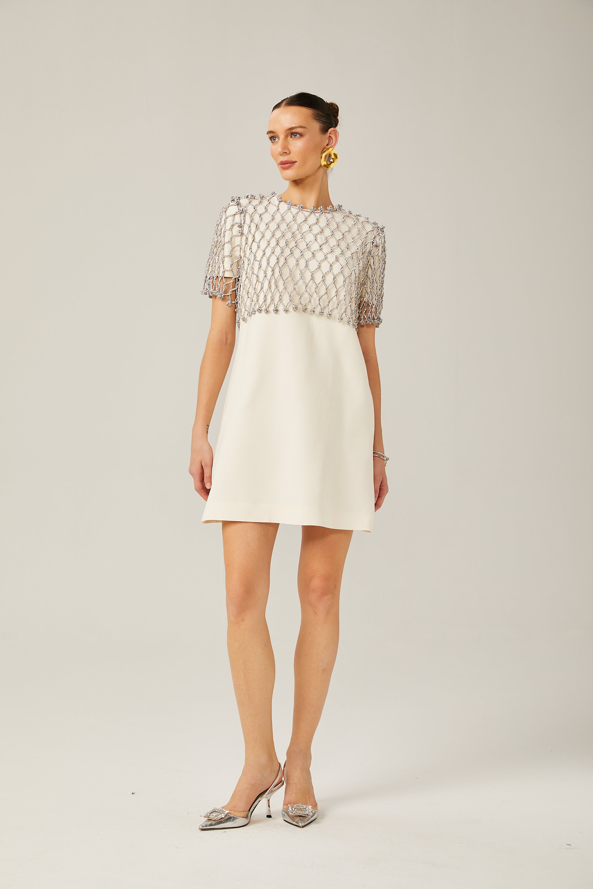 Lucie white rhinestone cape-design mini dress