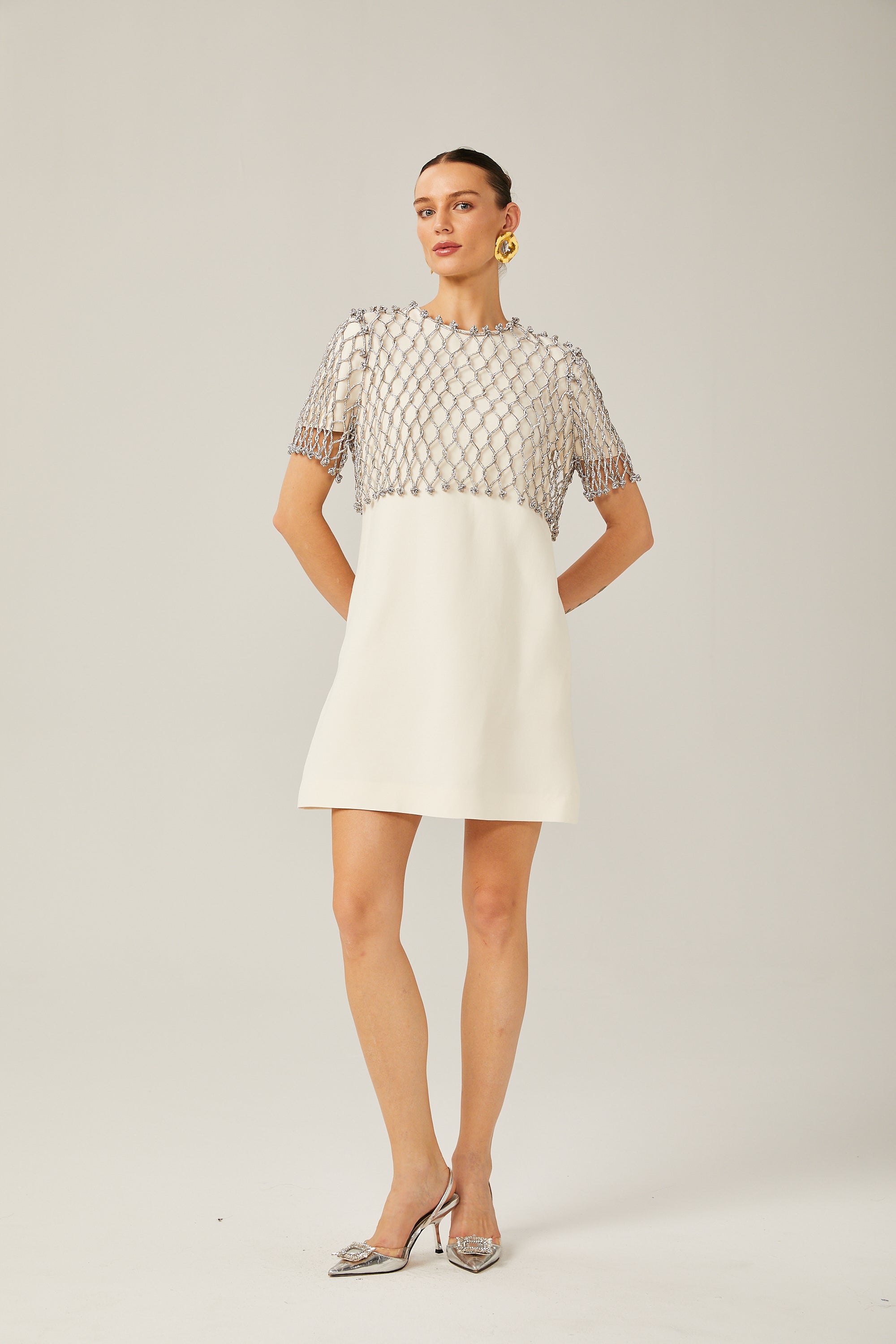 Lucie white rhinestone cape-design mini dress