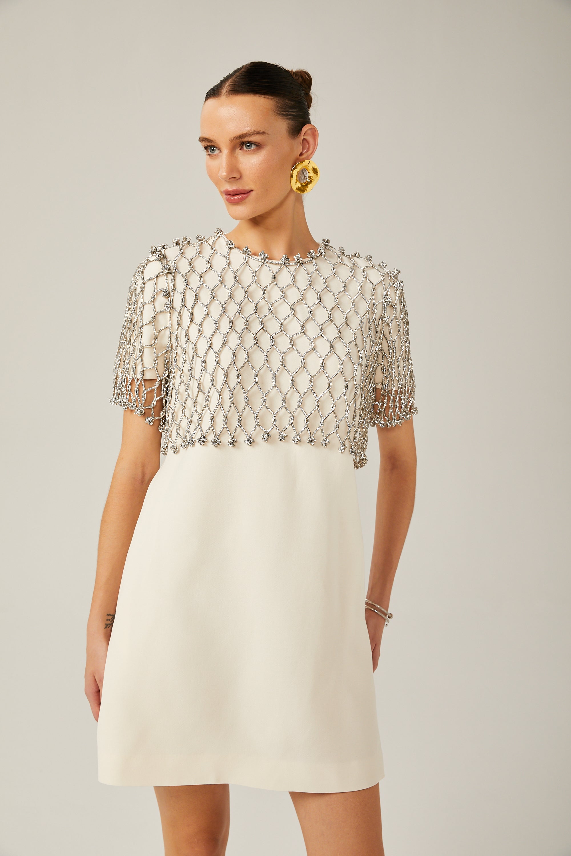 Lucie white rhinestone cape-design mini dress