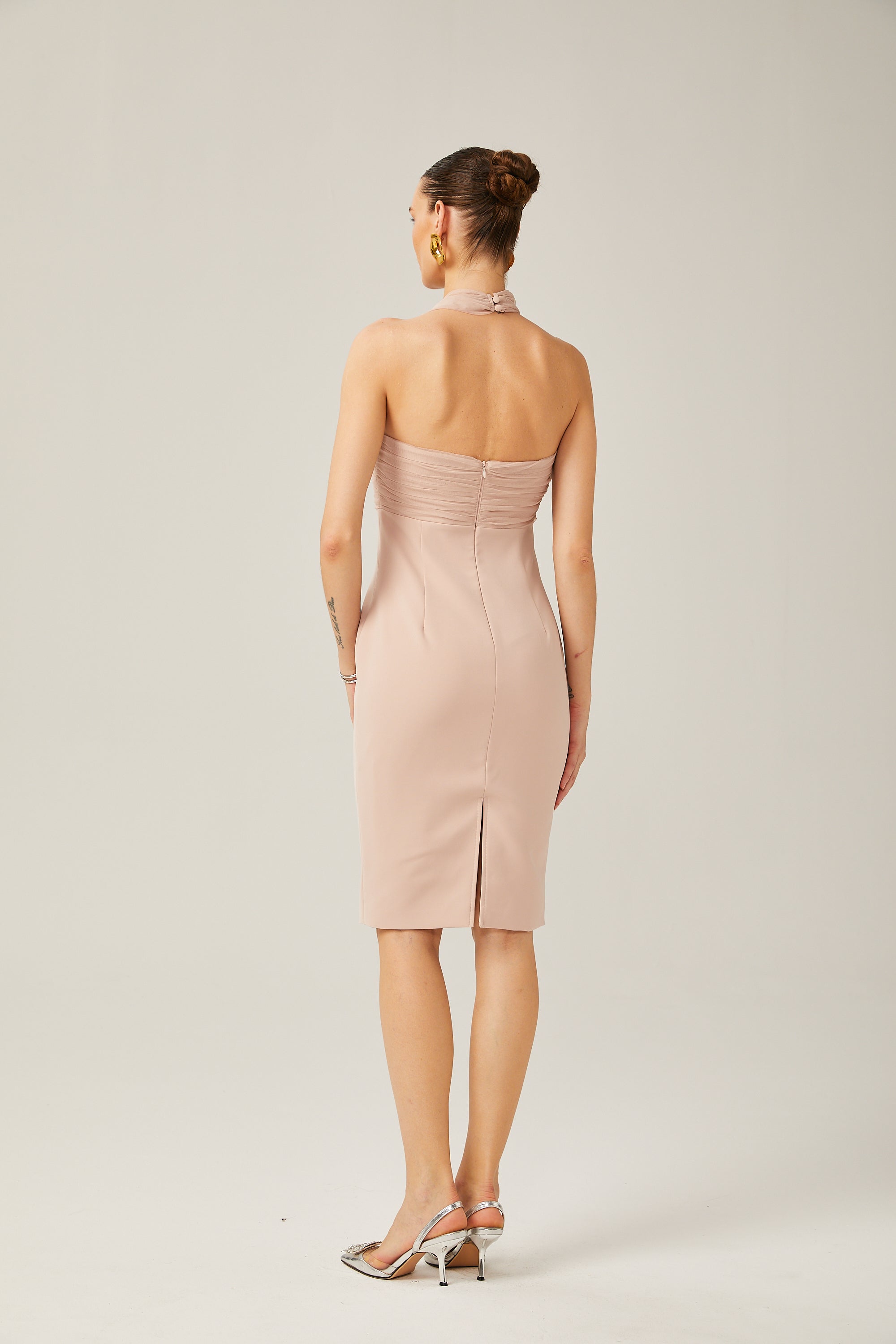 Géraldine mesh ruched halterneck midi dress