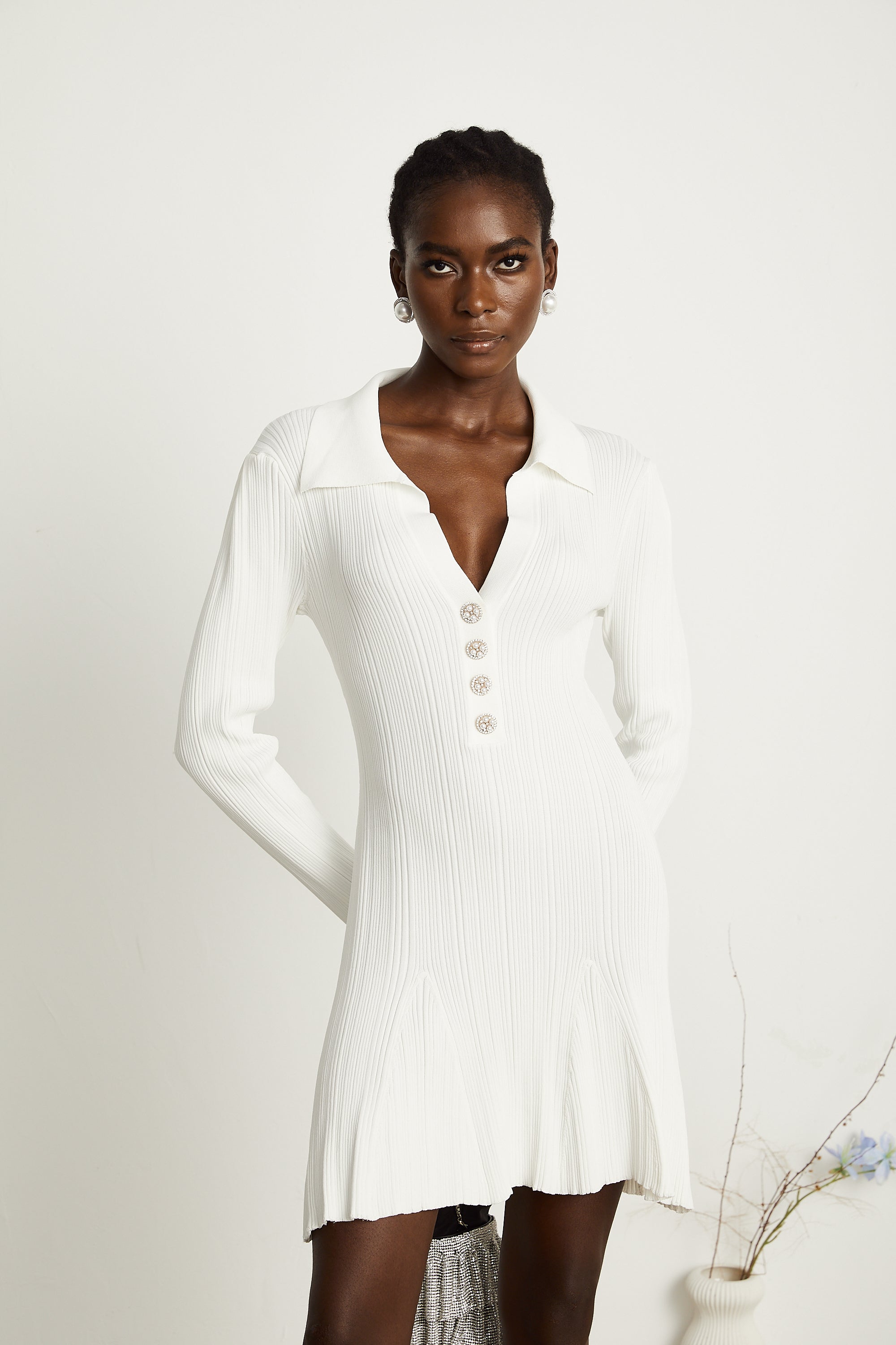 Véronique white ruffle knit mini dress